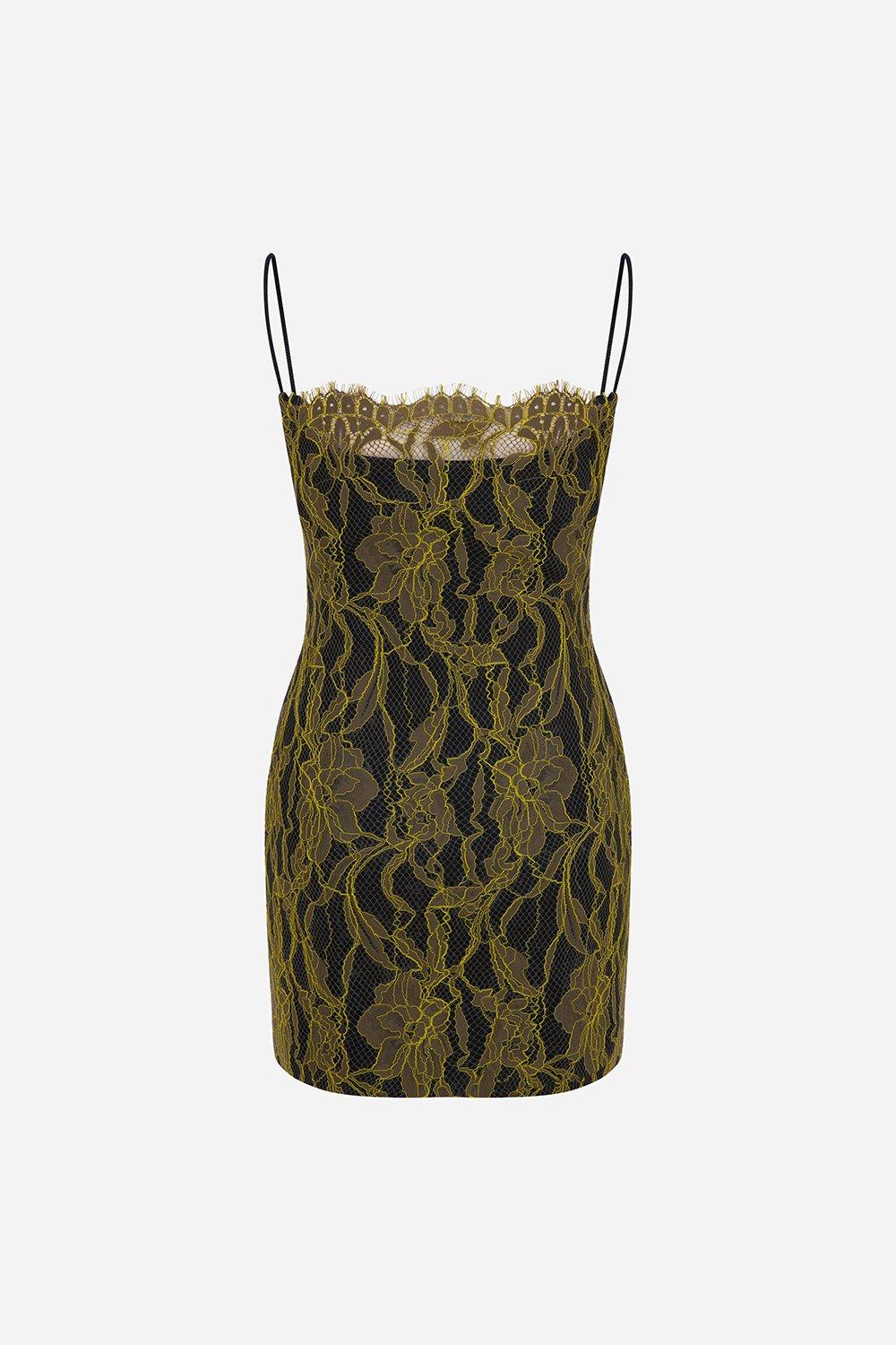 Khaki Jessica Strappy Mini Denim Dress With Lace Overlay, A529_0091, large image number 2