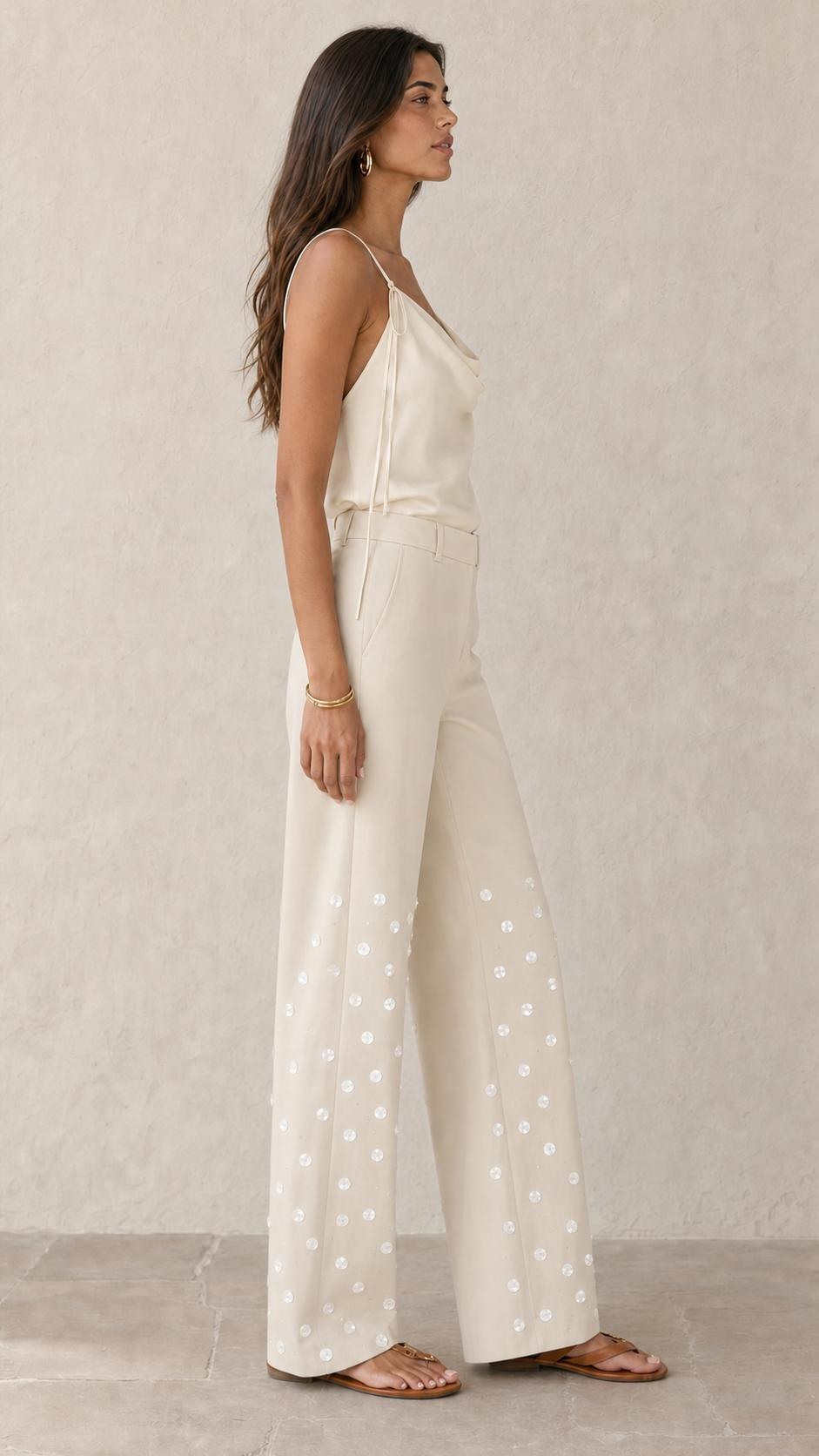 Sequin-Embellished Wide Leg Trousers, Cream, A529_0013, medium