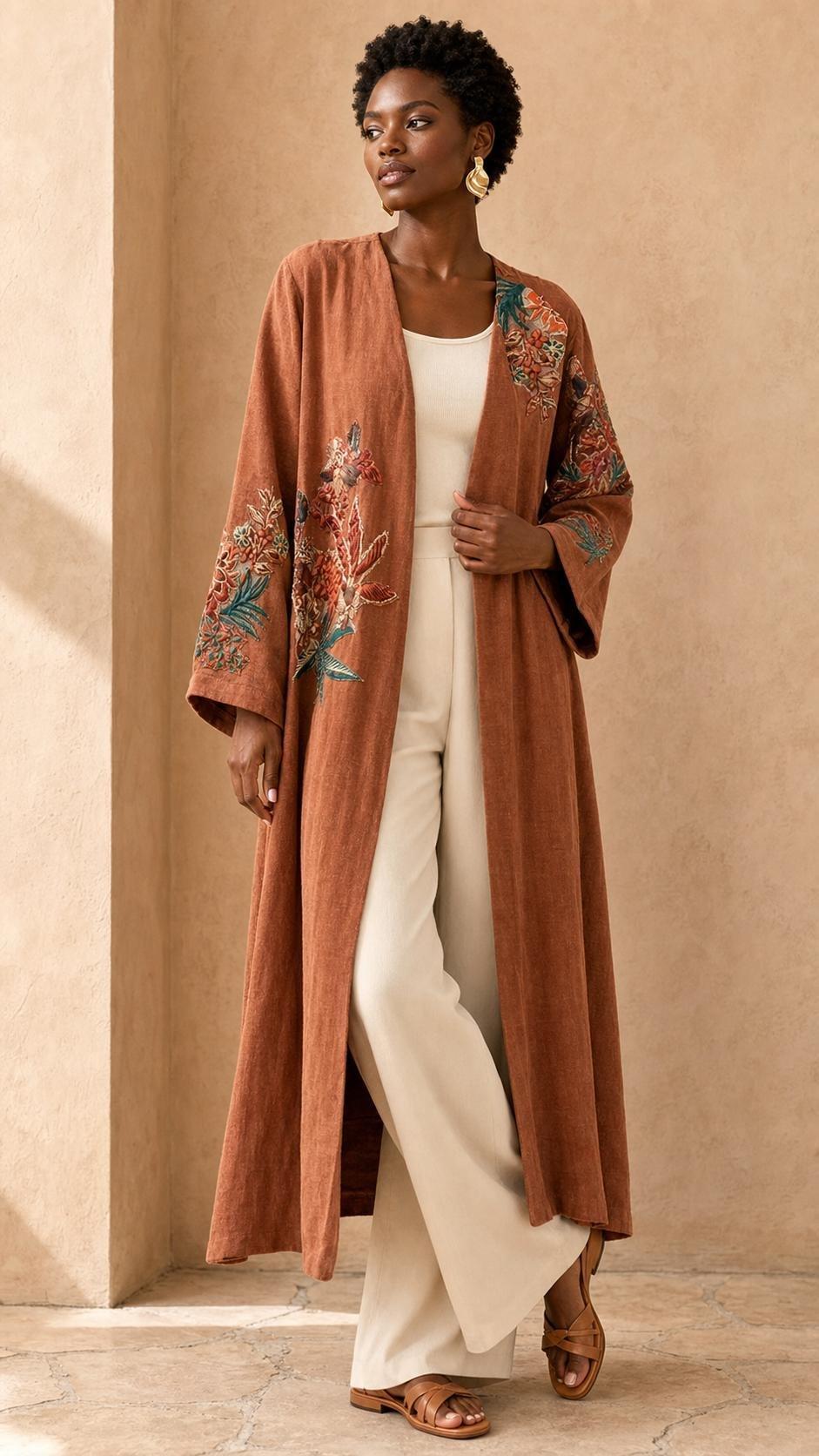 Embroidered Floral Duster Kimono, Orange, A511_RUST, medium