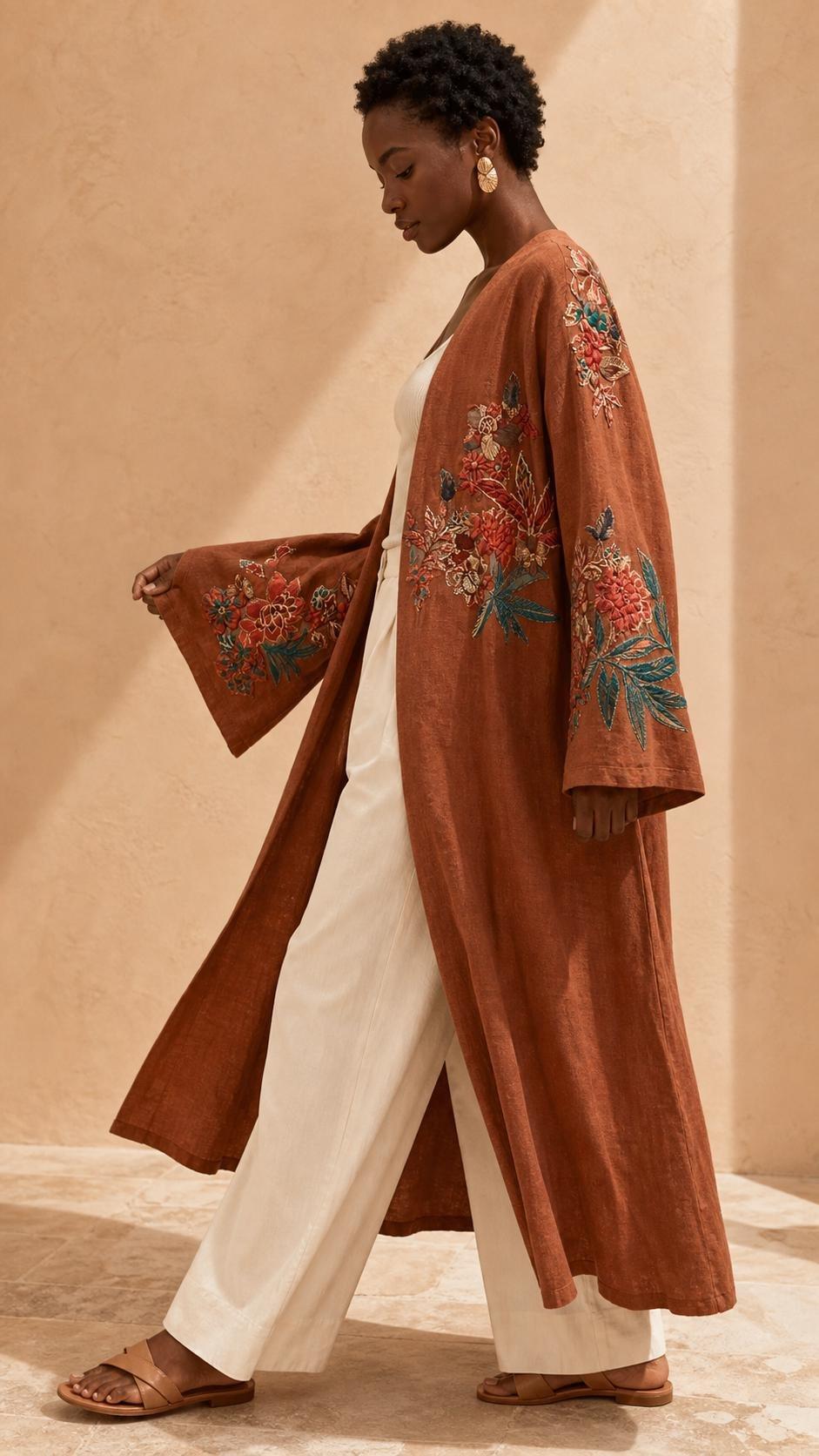 Embroidered Floral Duster Kimono, Orange, A511_RUST, medium