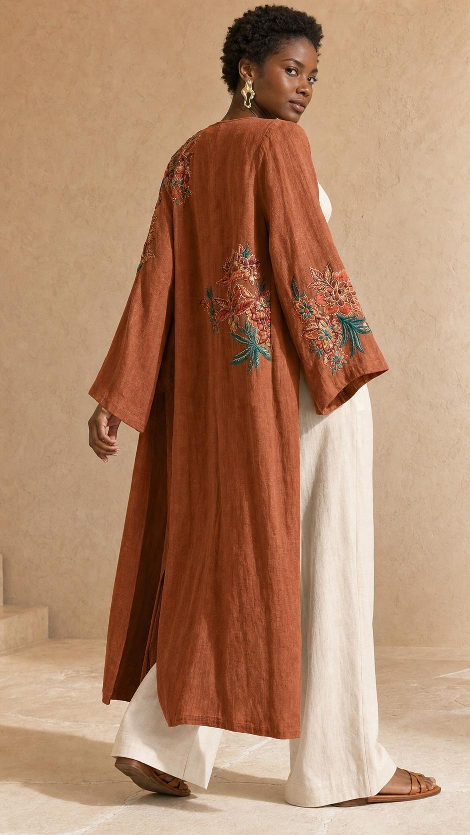 Embroidered Floral Duster Kimono, Orange, A511_RUST, medium