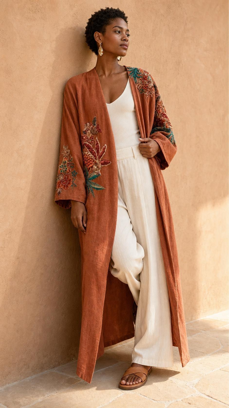 Embroidered Floral Duster Kimono, Orange, A511_RUST, large image number 3