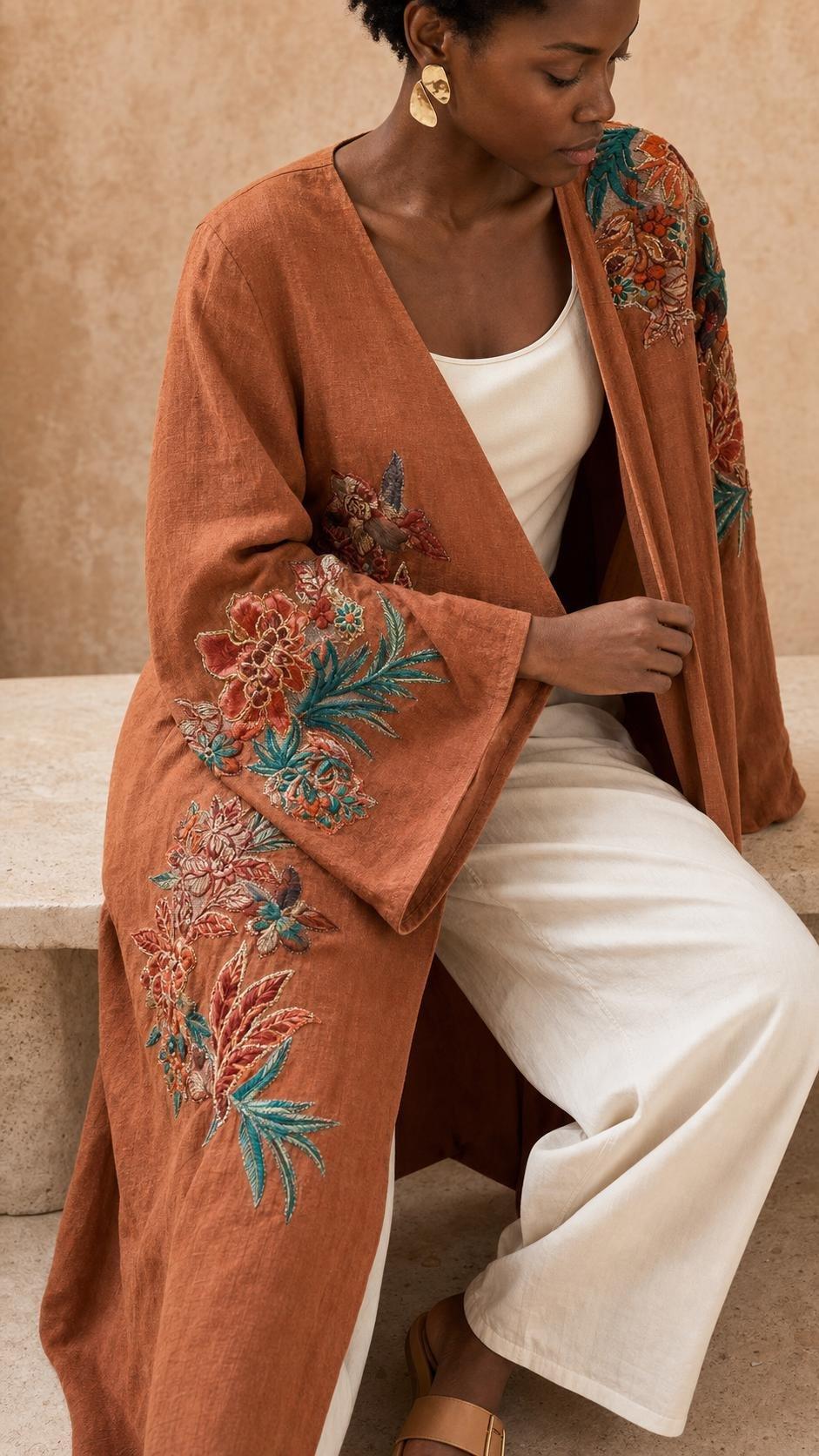 Embroidered Floral Duster Kimono, Orange, A511_RUST, large image number 4