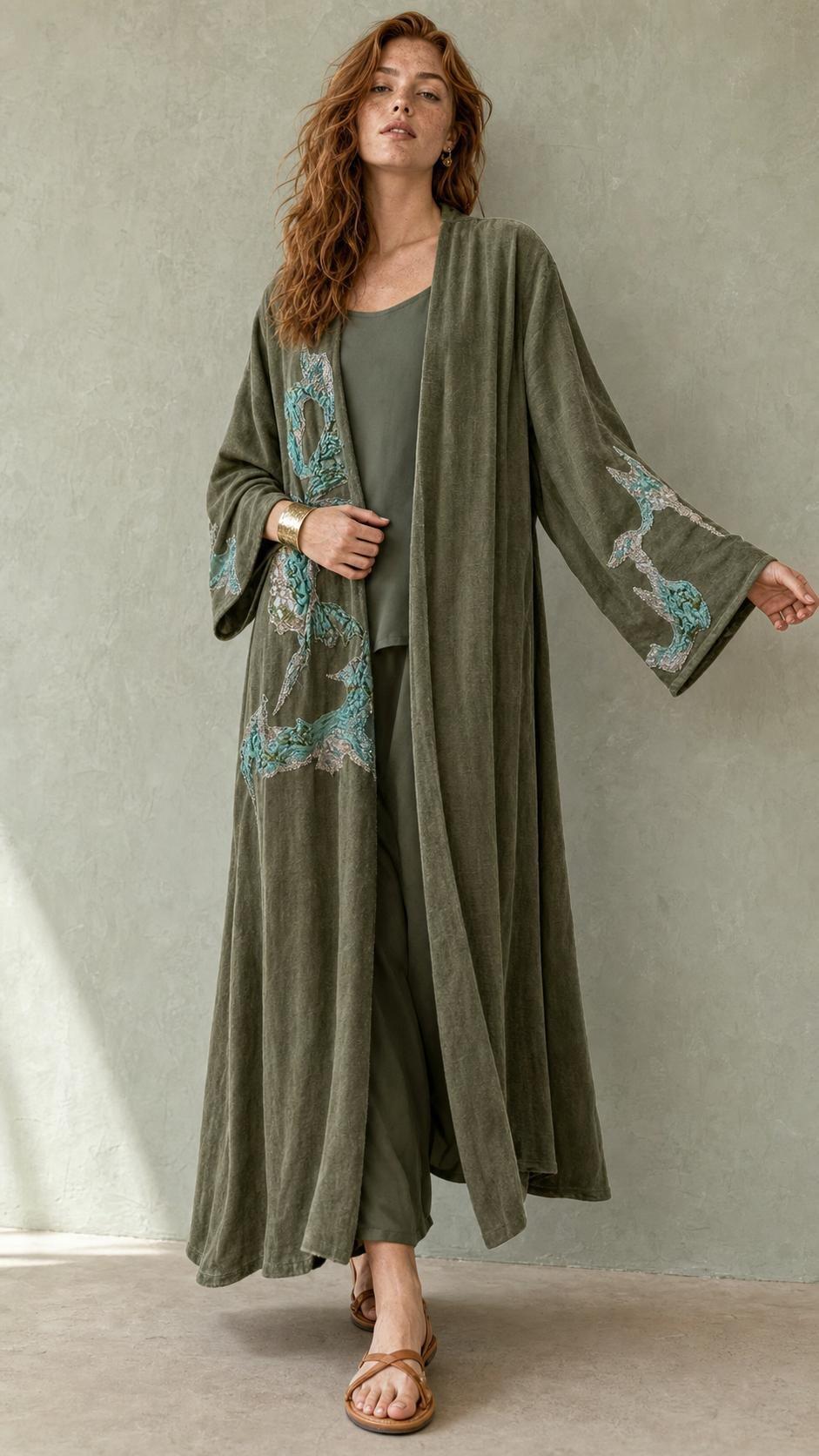 Abstract Embroidered Linen & C upro Kaftan, Women, A511_KHKI, large image number 0