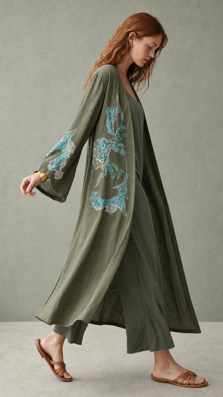 Abstract Embroidered Linen & C upro Kaftan, Women, A511_KHKI, medium