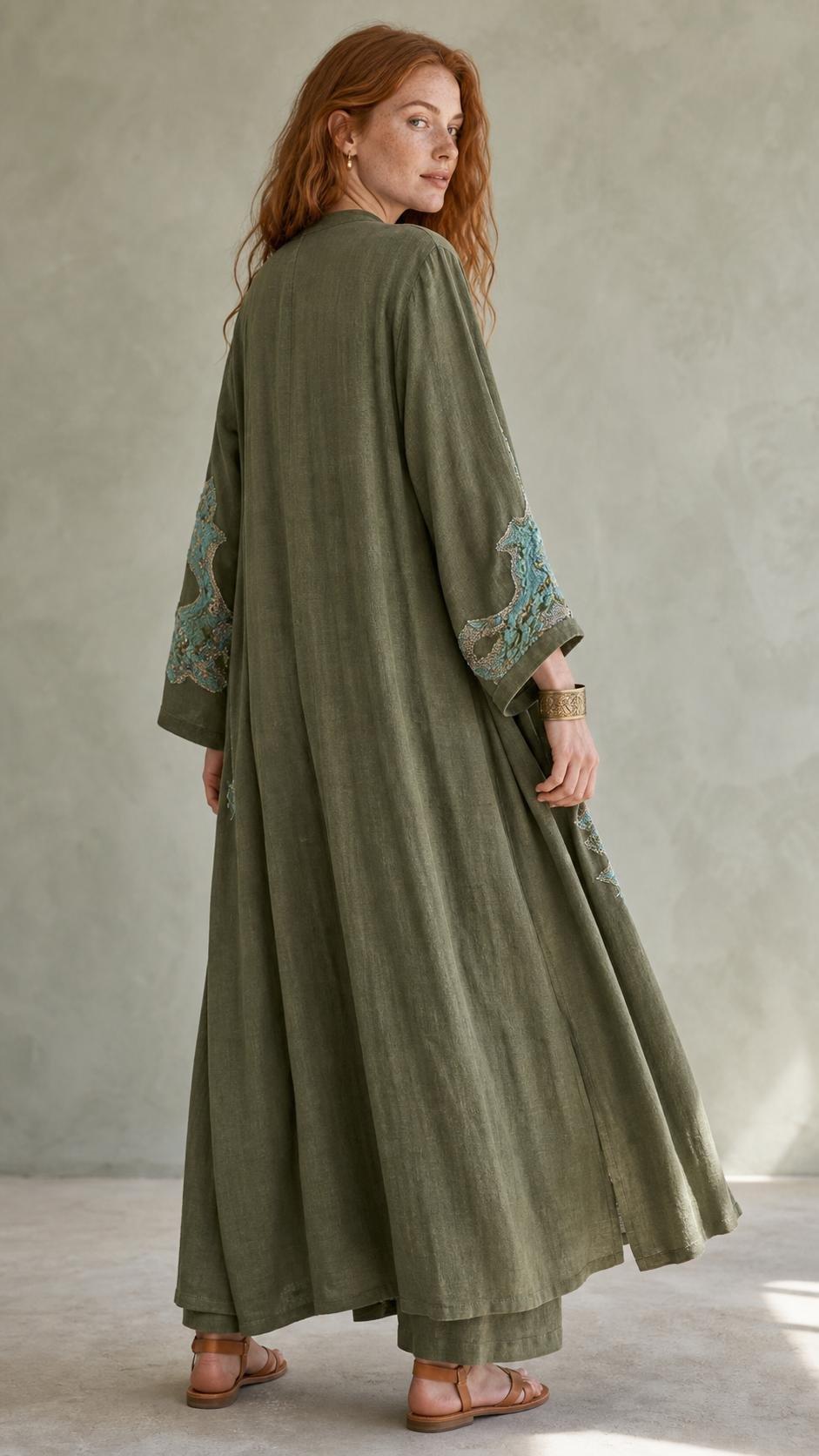 Abstract Embroidered Linen & C upro Kaftan, Women, A511_KHKI, medium