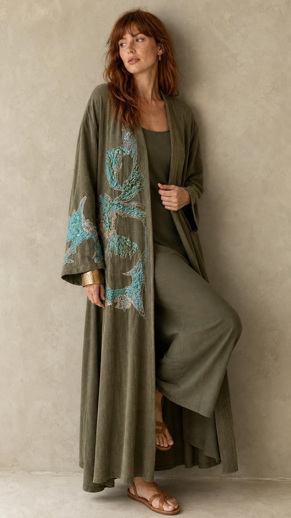 Abstract Embroidered Linen & C upro Kaftan, Women, A511_KHKI, large image number 3