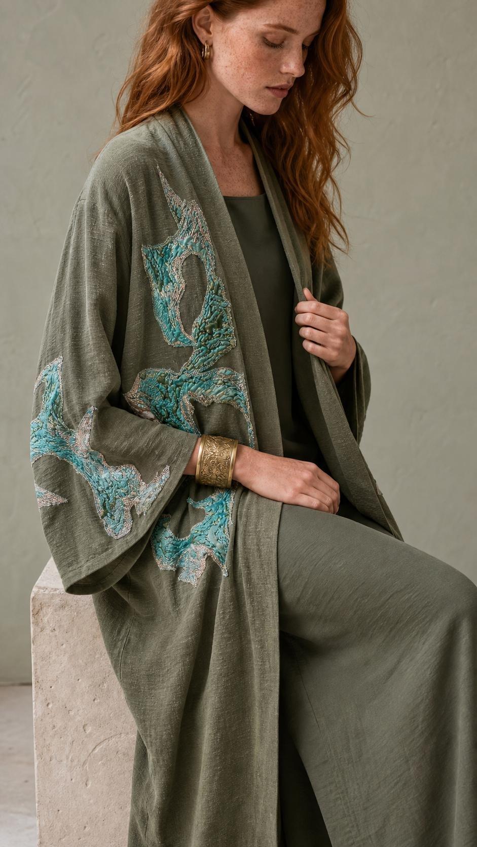 Abstract Embroidered Linen & C upro Kaftan, Women, A511_KHKI, large image number 4
