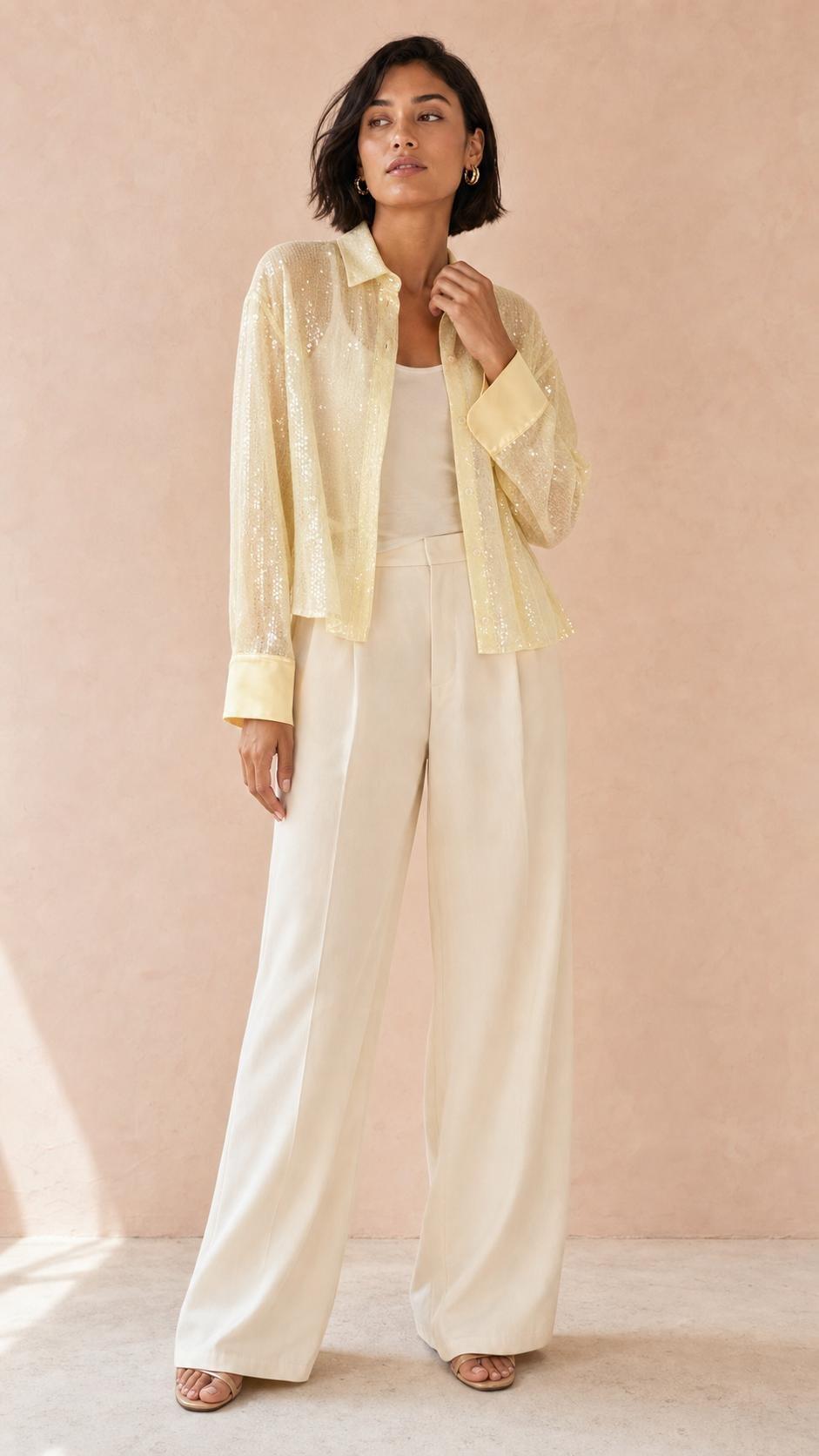 Sequin Collared Shirt, Yellow, , large image number 0
