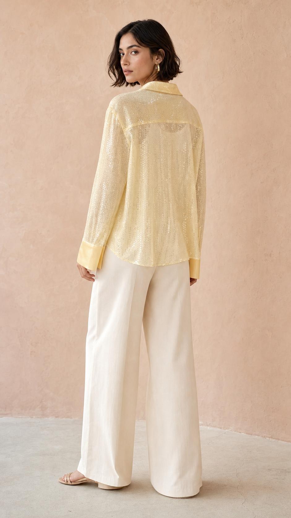 Sequin Collared Shirt, Yellow, , large image number 2