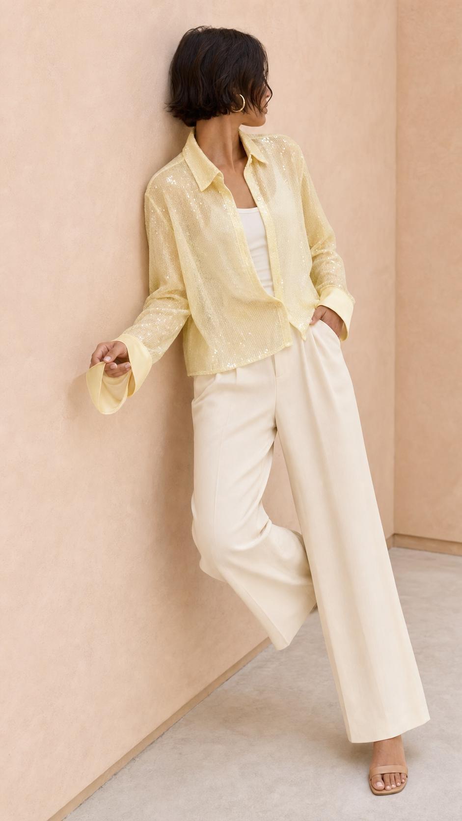Sequin Collared Shirt, Yellow, , large image number 3