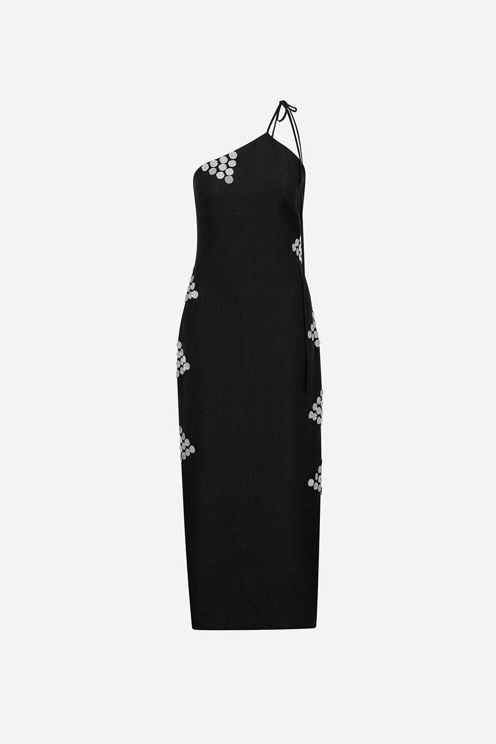 Odine-Linen Dress With Handmade Mirror Details in Black, A529_BLK, large image number 0