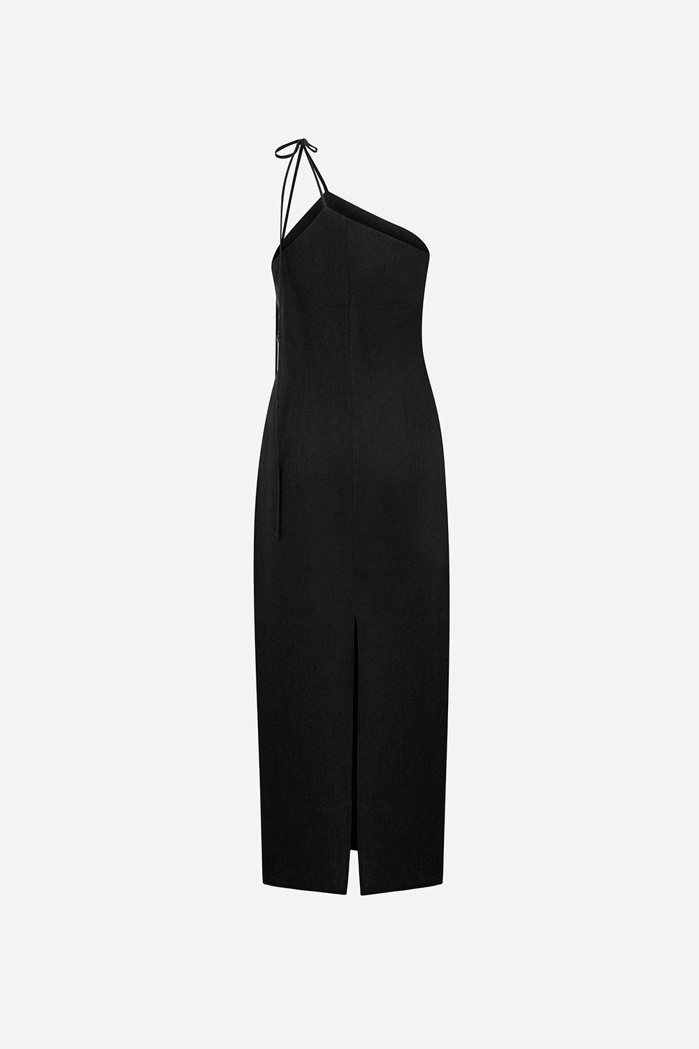 Odine-Linen Dress With Handmade Mirror Details in Black, A529_BLK, large image number 1