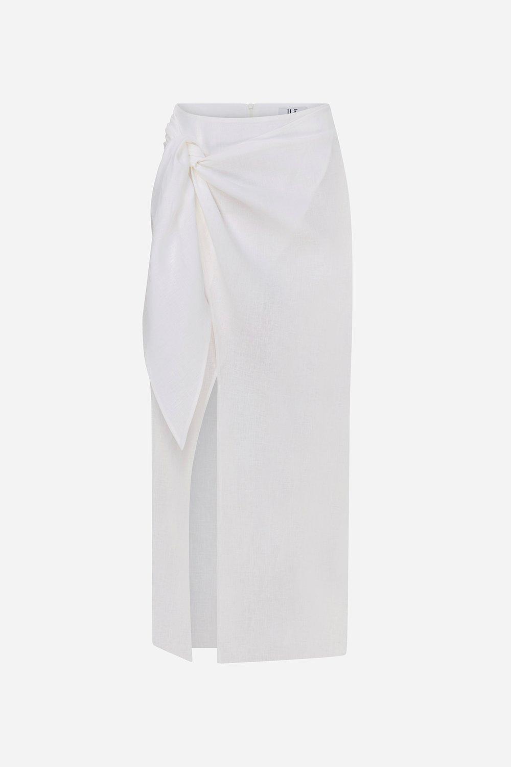 Lear-Linen Tie-Detail Midi Skirt, White, , large image number 0