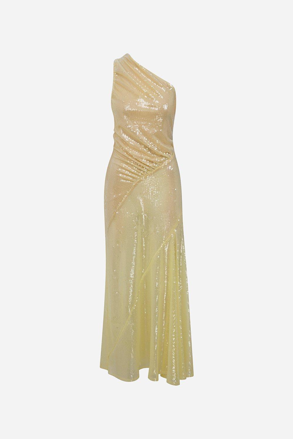 Breeze-One-Shoulder Draped Sequin Midi Dress With Back Detail, Yellow, A529_YLW, medium