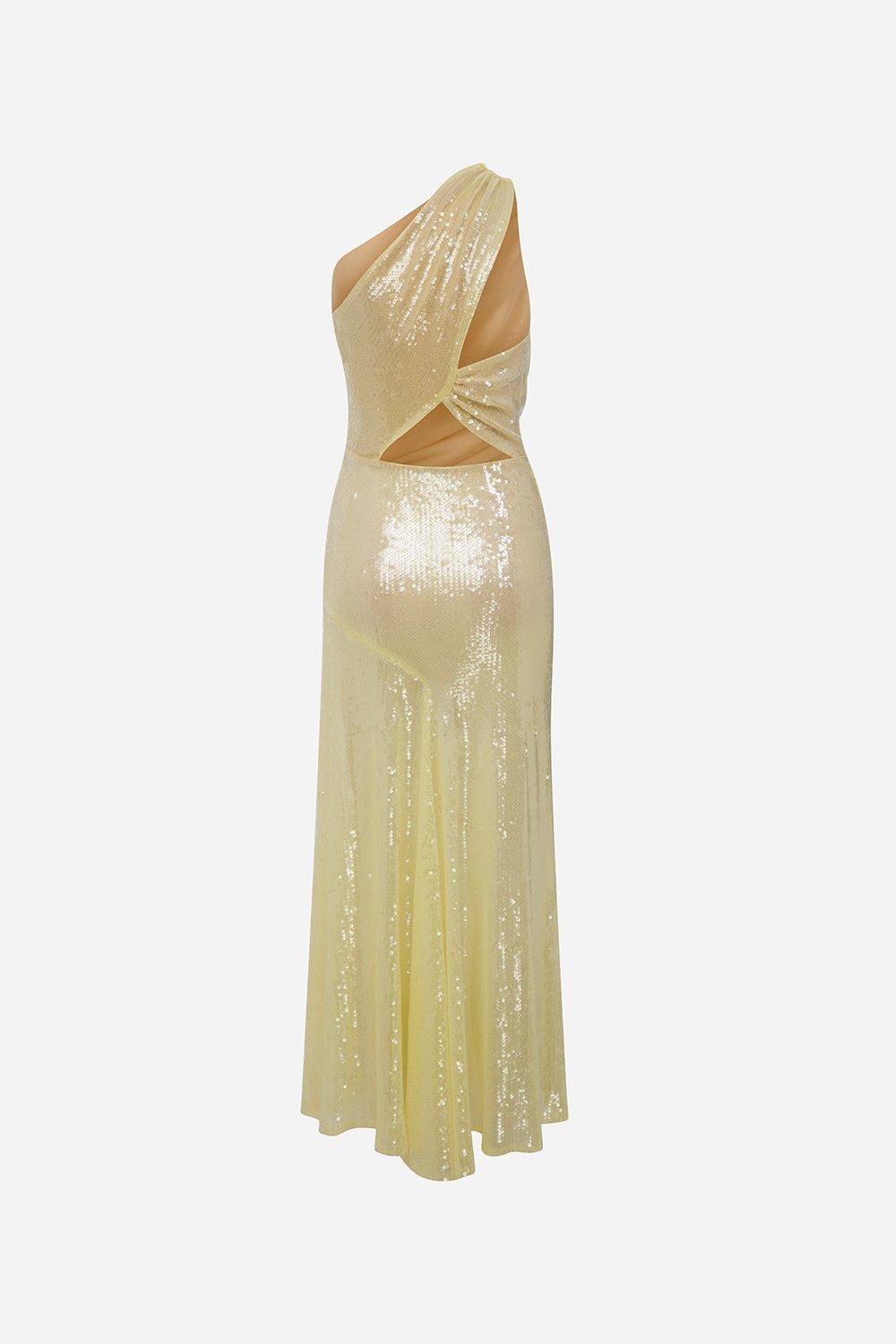 Breeze-One-Shoulder Draped Sequin Midi Dress With Back Detail, Yellow, A529_YLW, medium