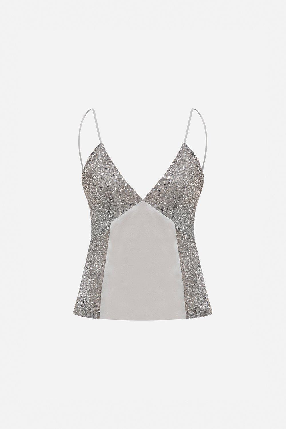 LENA V-NECK SATIN BLOUSE WITH BEADED NECKLINE AND SIDE DETAI, A529_WHT, large image number 0