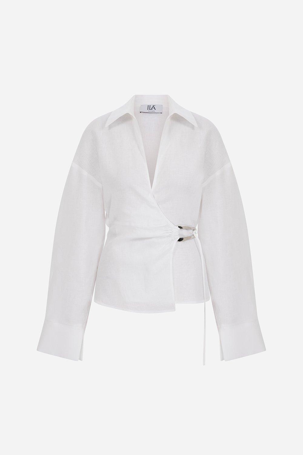 GRETA DRAPED LINEN SHIRT WITH ACCESSORY DETAIL, , medium