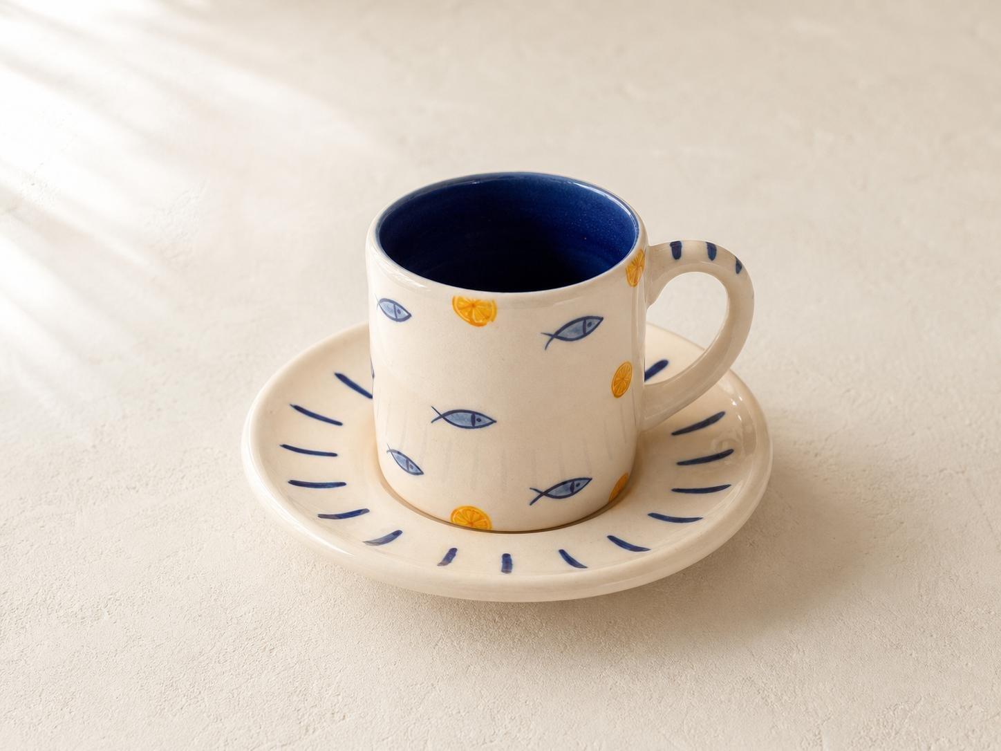 Hand-Painted Fish And Citrus Cup And Saucer Set, Blue, , medium