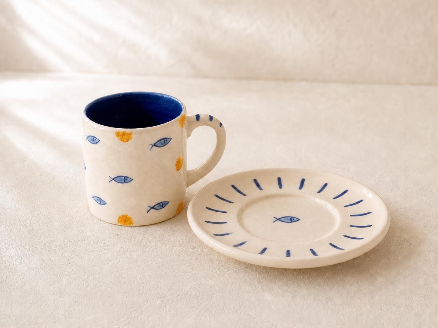 Hand-Painted Fish And Citrus Cup And Saucer Set, Blue, , large image number 1