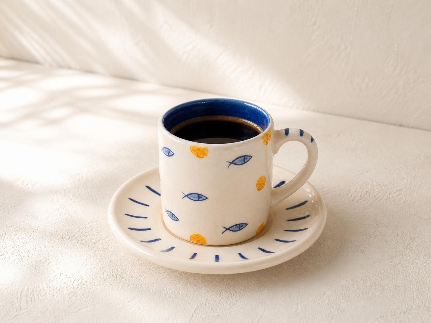 Hand-Painted Fish And Citrus Cup And Saucer Set, Blue, , medium