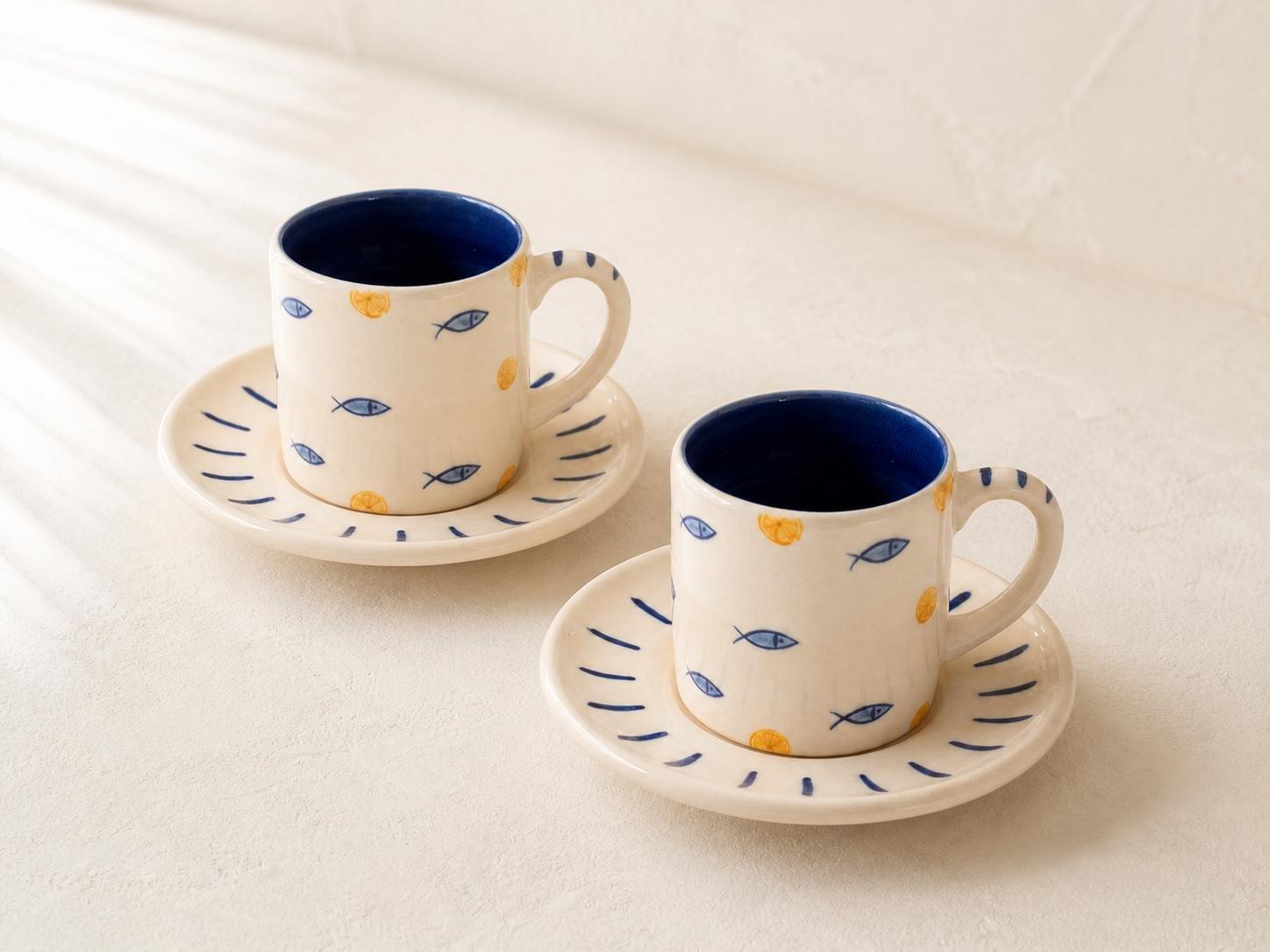 Hand-Painted Fish And Citrus Cup And Saucer Set, Blue, , large image number 3
