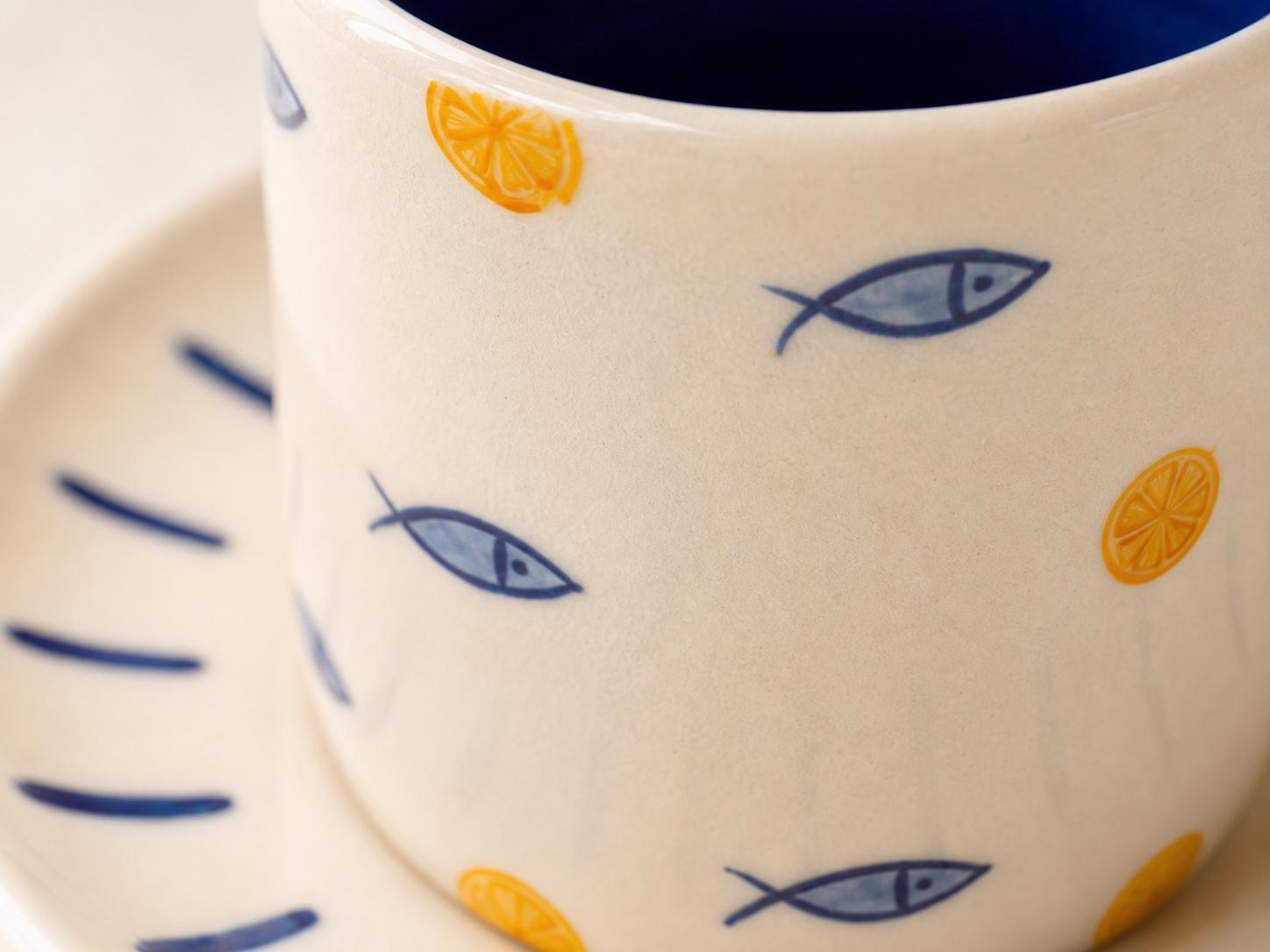 Hand-Painted Fish And Citrus Cup And Saucer Set, Blue, , large image number 4