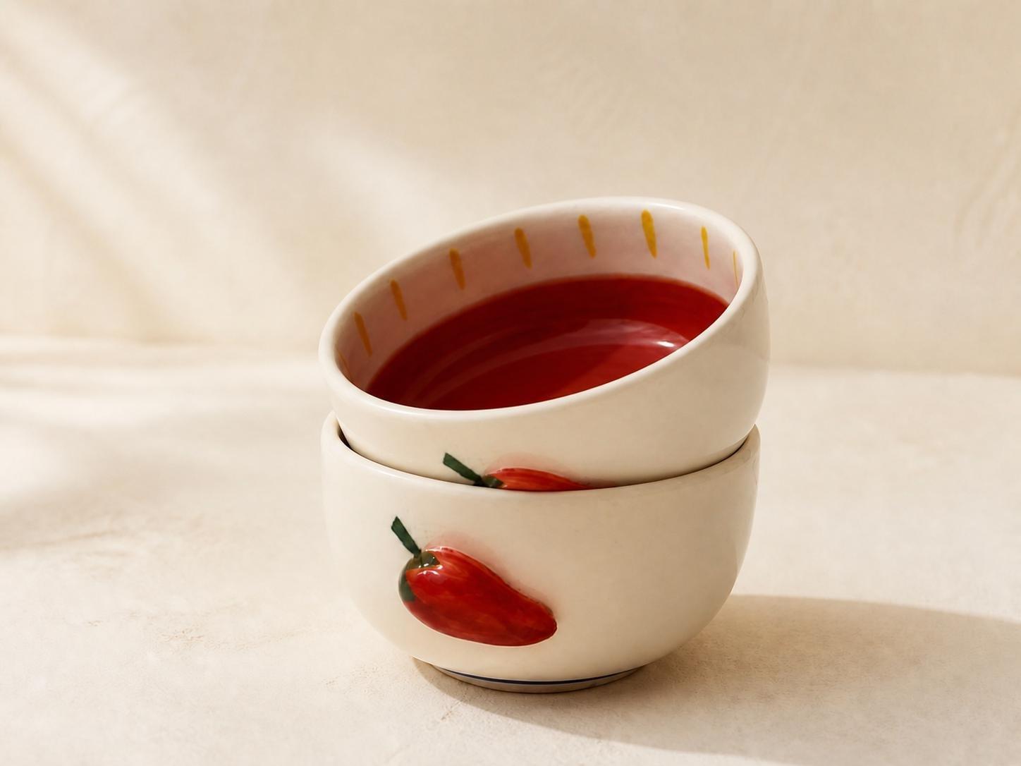 Hand-Painted Chili Pepper Ceramic Bowl, Red, , large image number 3
