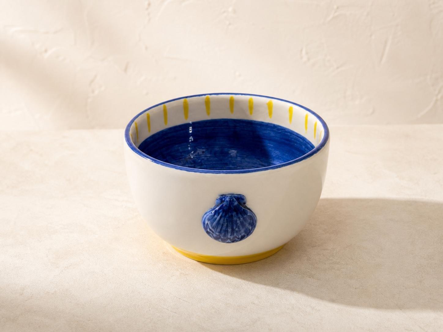 Hand-Painted Seashell Ceramic Bowl, Blue, , medium