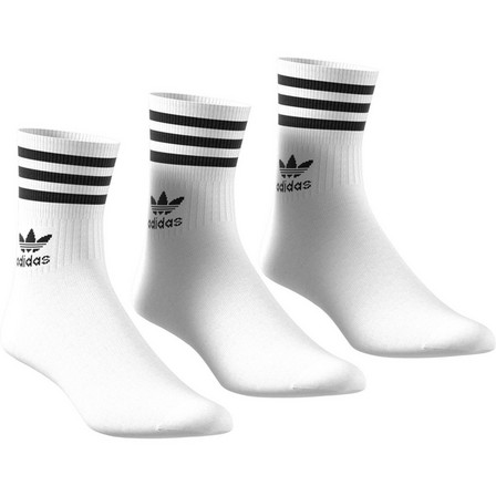 Unisex Mid-Cut Crew 3 Stripes Socks 3 Pairs, White, A701_ONE, large image number 1