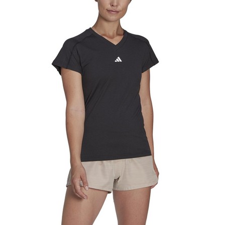 Women Train Essentials Minimal Branding V-Neck T-Shirt, Black, A701_ONE, large image number 4