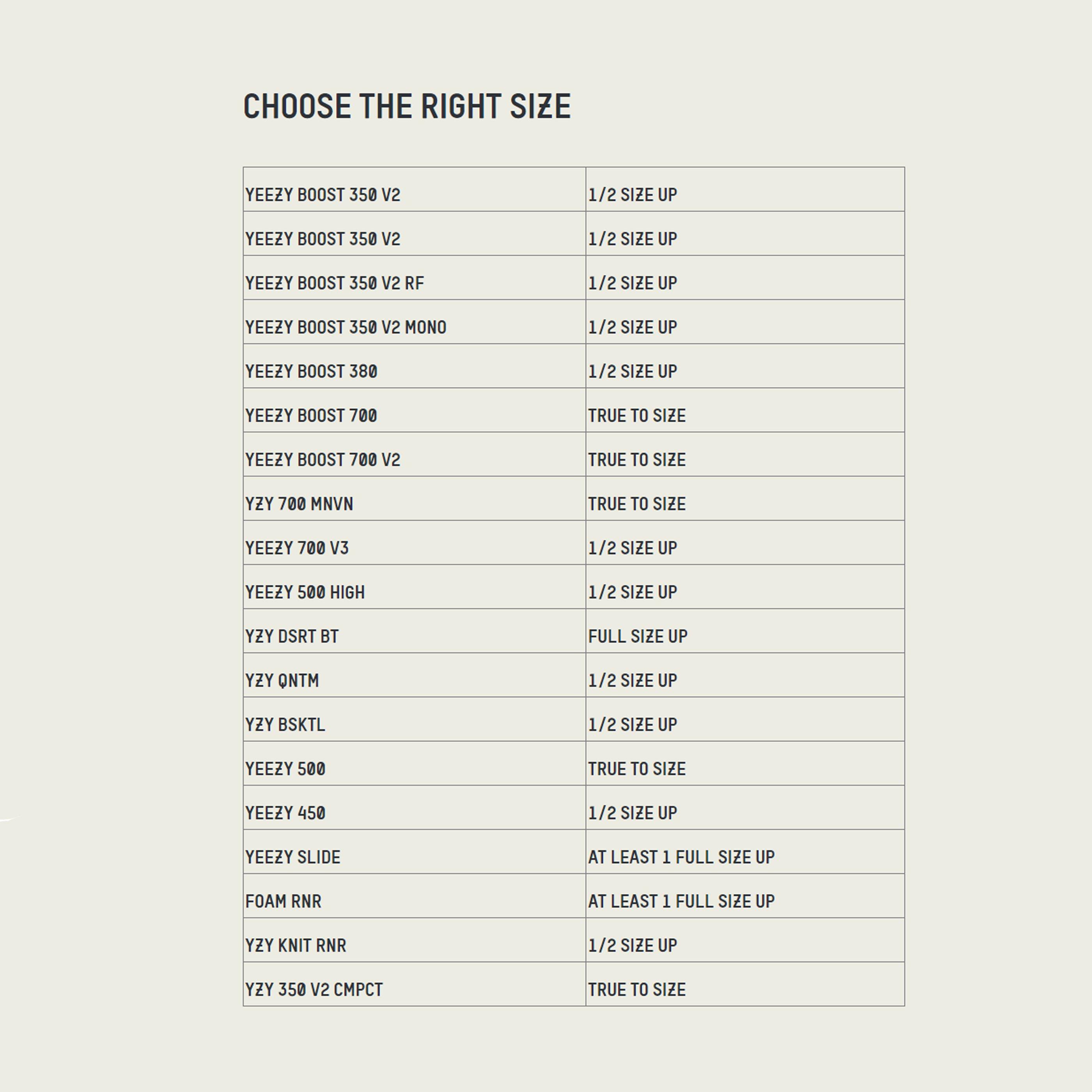 Adidas yeezy 350 store v2 size chart