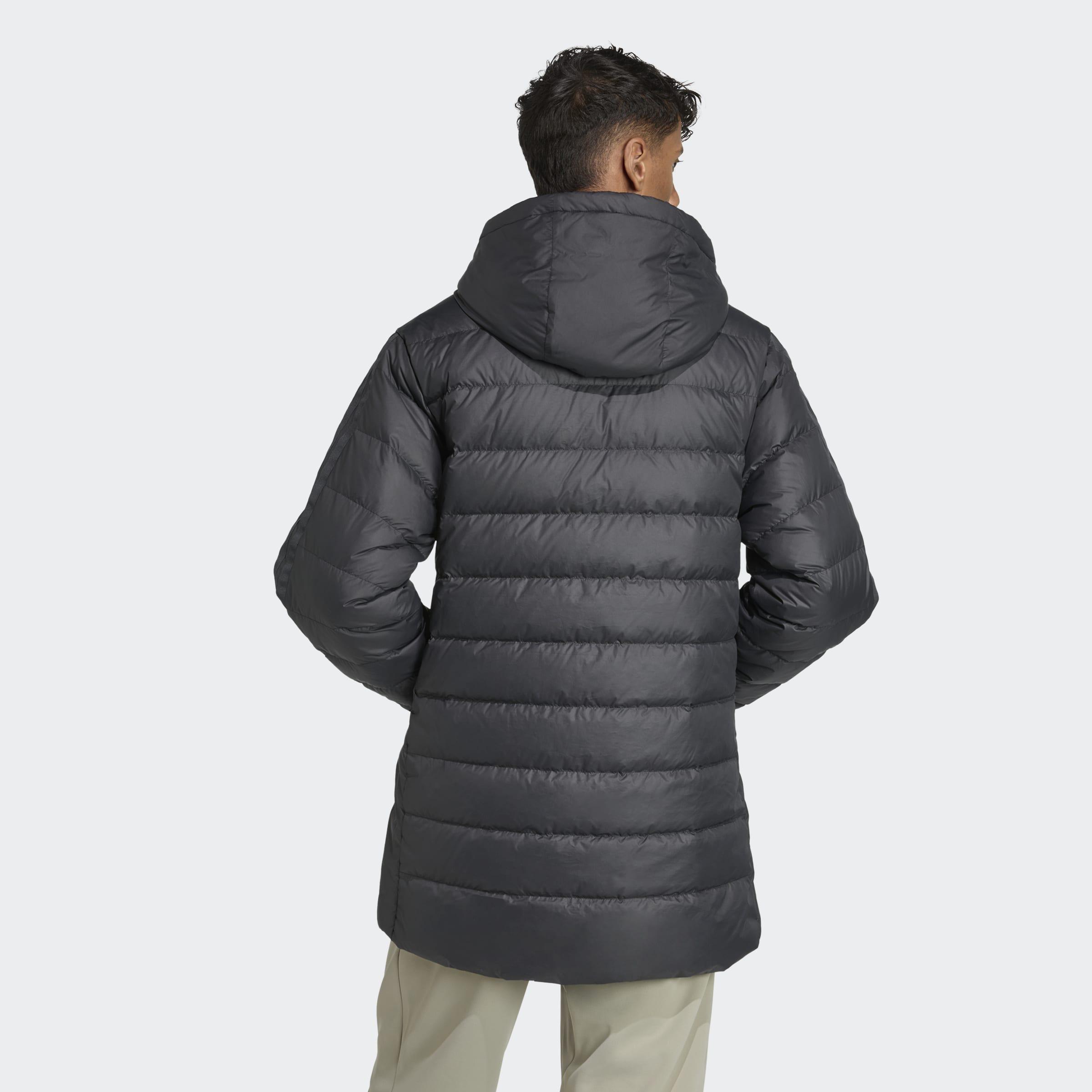 Essentials CLIMAWARM 3-Stripes Light Down Hooded Parka, Black, A701_ONE, medium