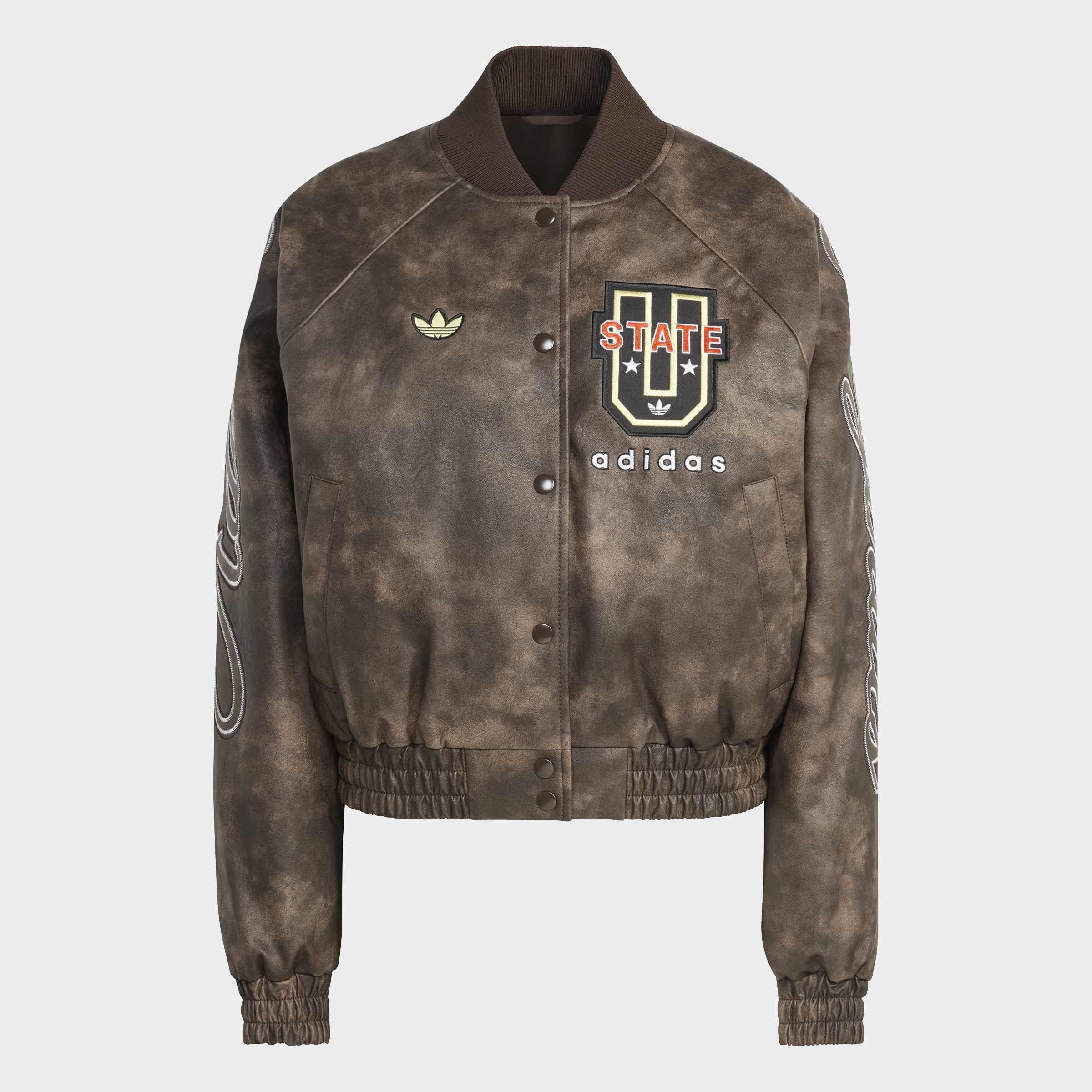 adidas Originals Athl Dept Vintage Faux Leather Jacket, Brown, A701_ONE, medium