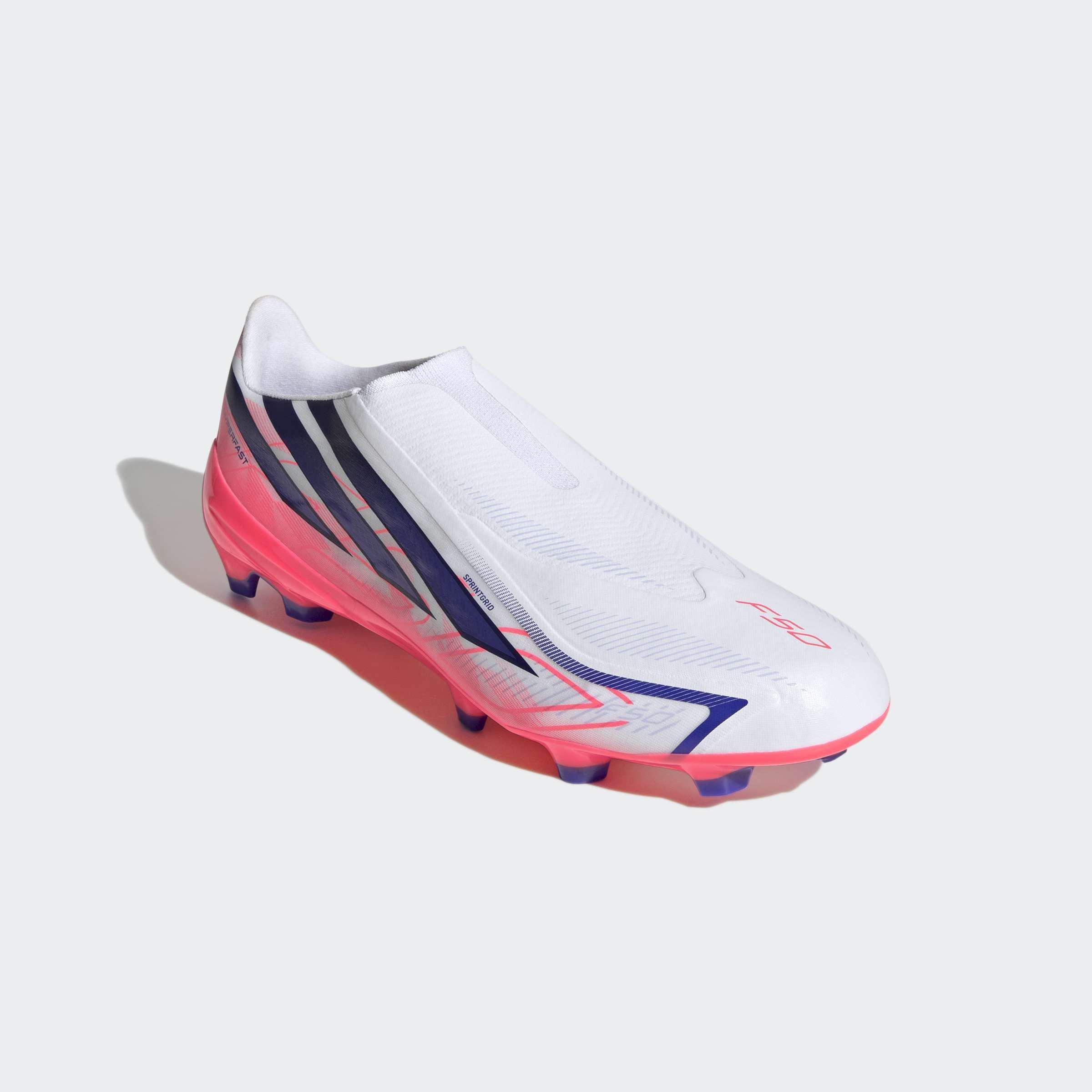 Unisex F50 Hyperfast League Laceless Firm Ground Football Boots, White, A701_ONE, large image number 2