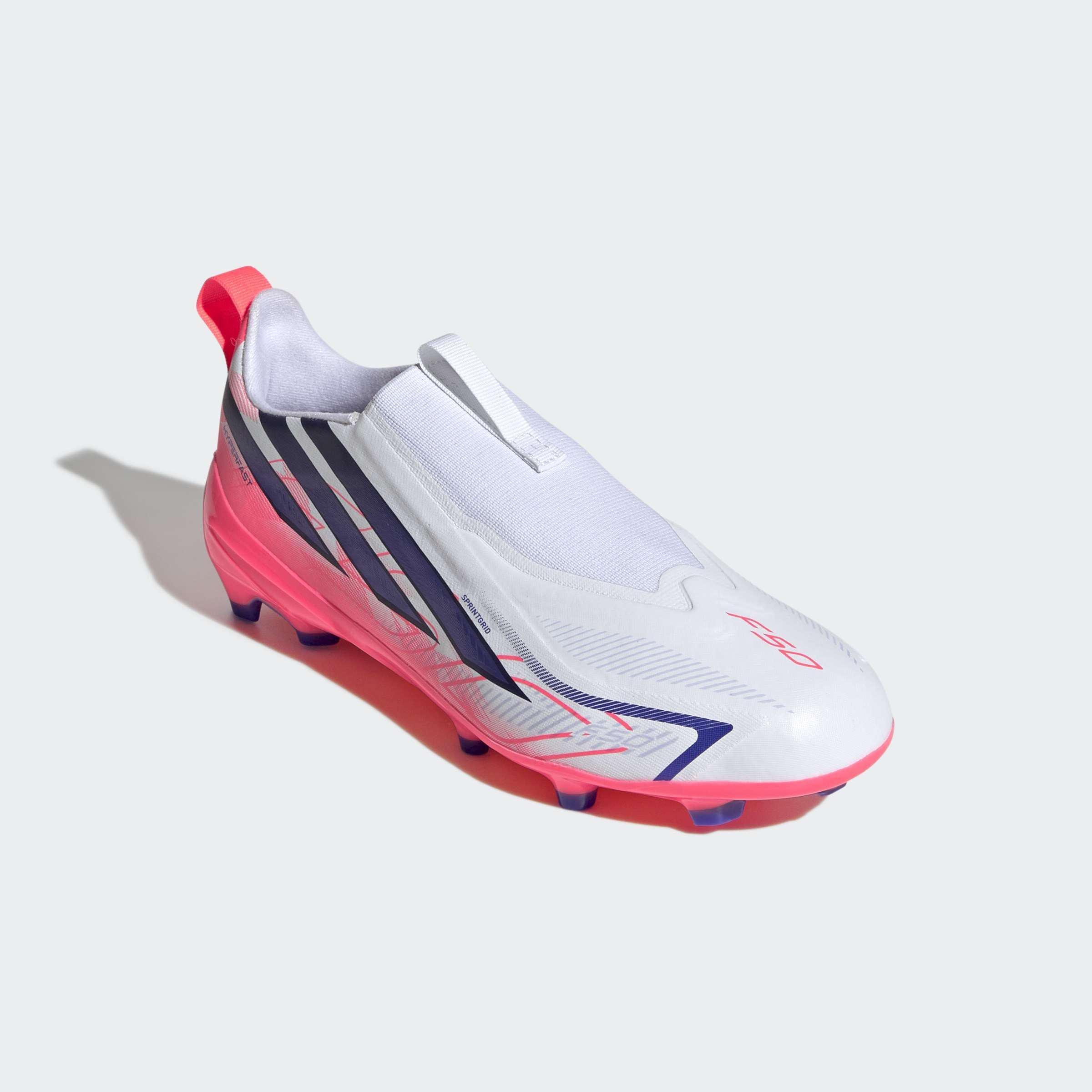 Kids Unisex F50 Hyperfast League Laceless Firm Ground Football Boots, White, A701_ONE, large image number 2