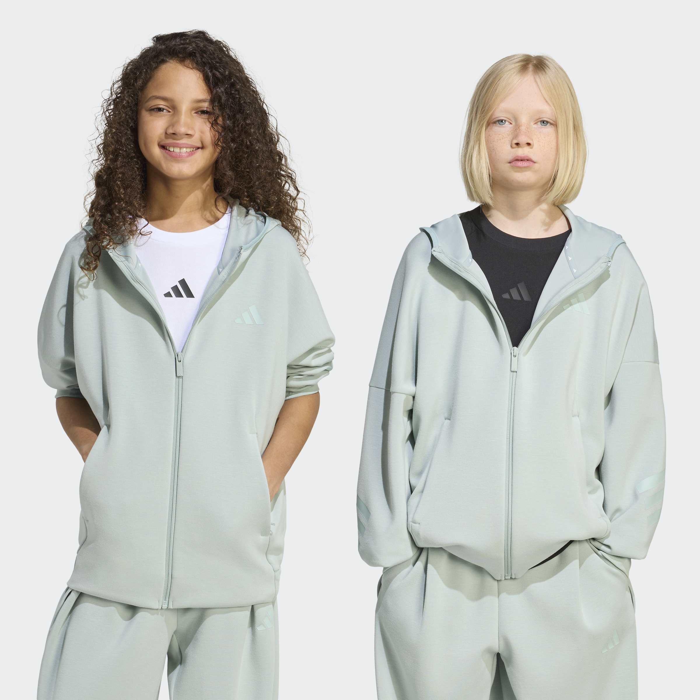 Kids Unisex Future Icons 3 Stripes Full Zip Hoodie, Green, A701_ONE, large image number 5