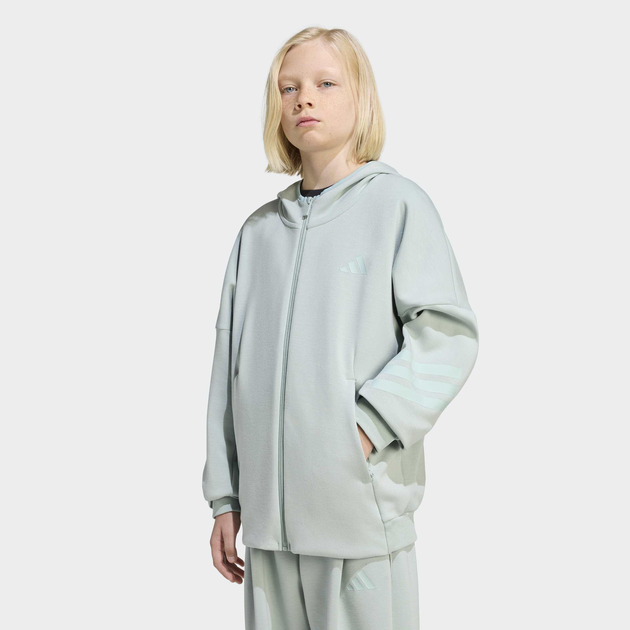 Kids Unisex Future Icons 3 Stripes Full Zip Hoodie, Green, A701_ONE, large image number 6