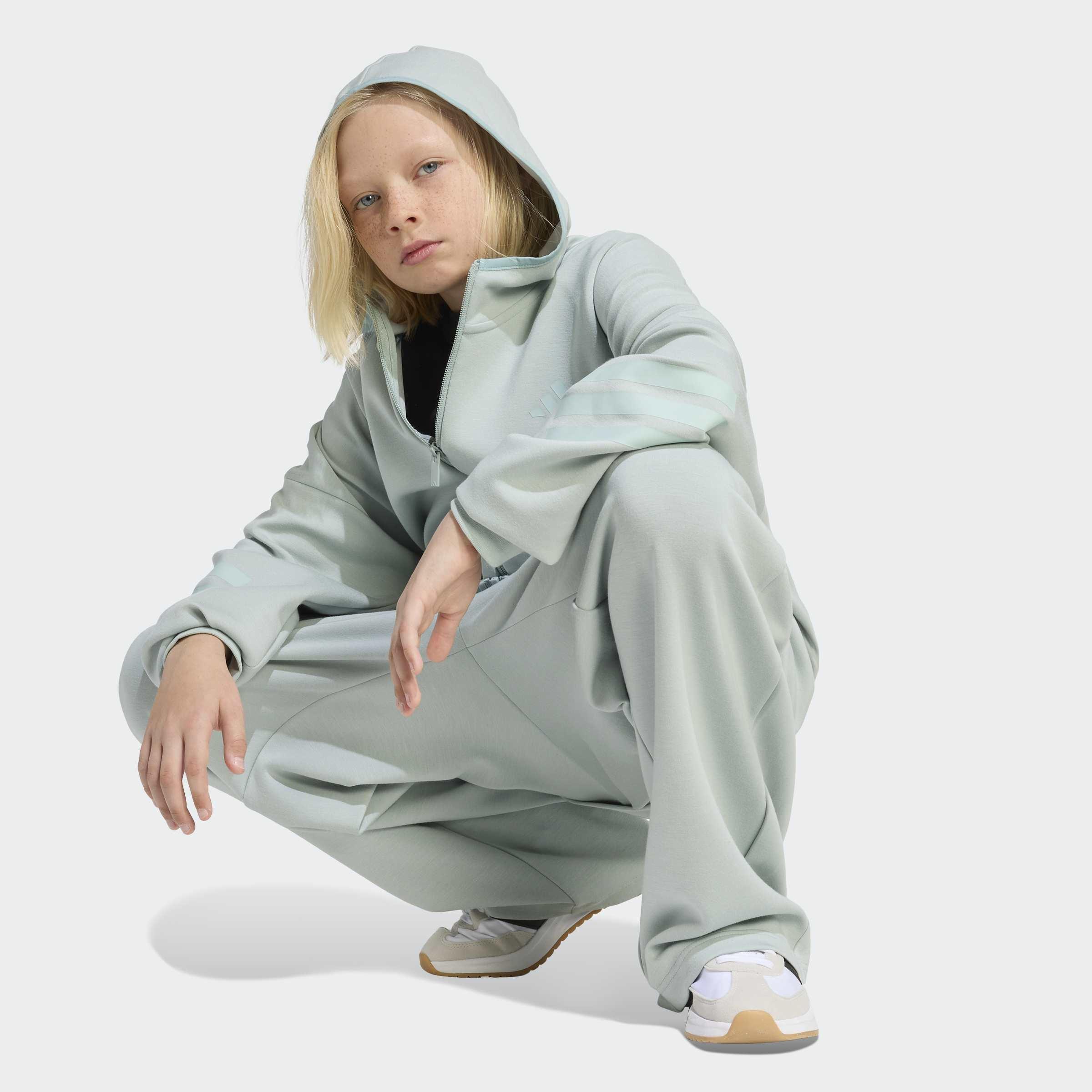 Kids Unisex Future Icons 3 Stripes Full Zip Hoodie, Green, A701_ONE, large image number 7