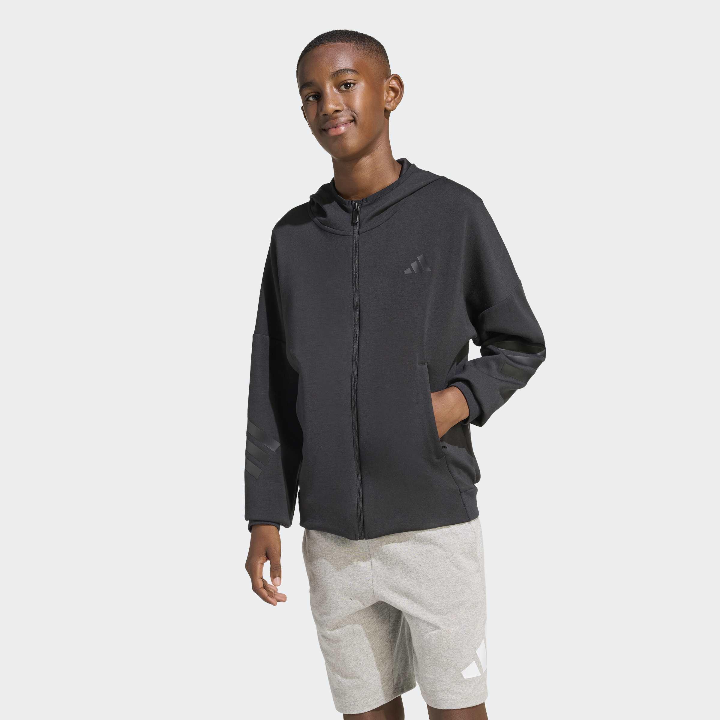 Kids Unisex Future Icons 3 Stripes Full Zip Hoodie, Black, A701_ONE, large image number 4