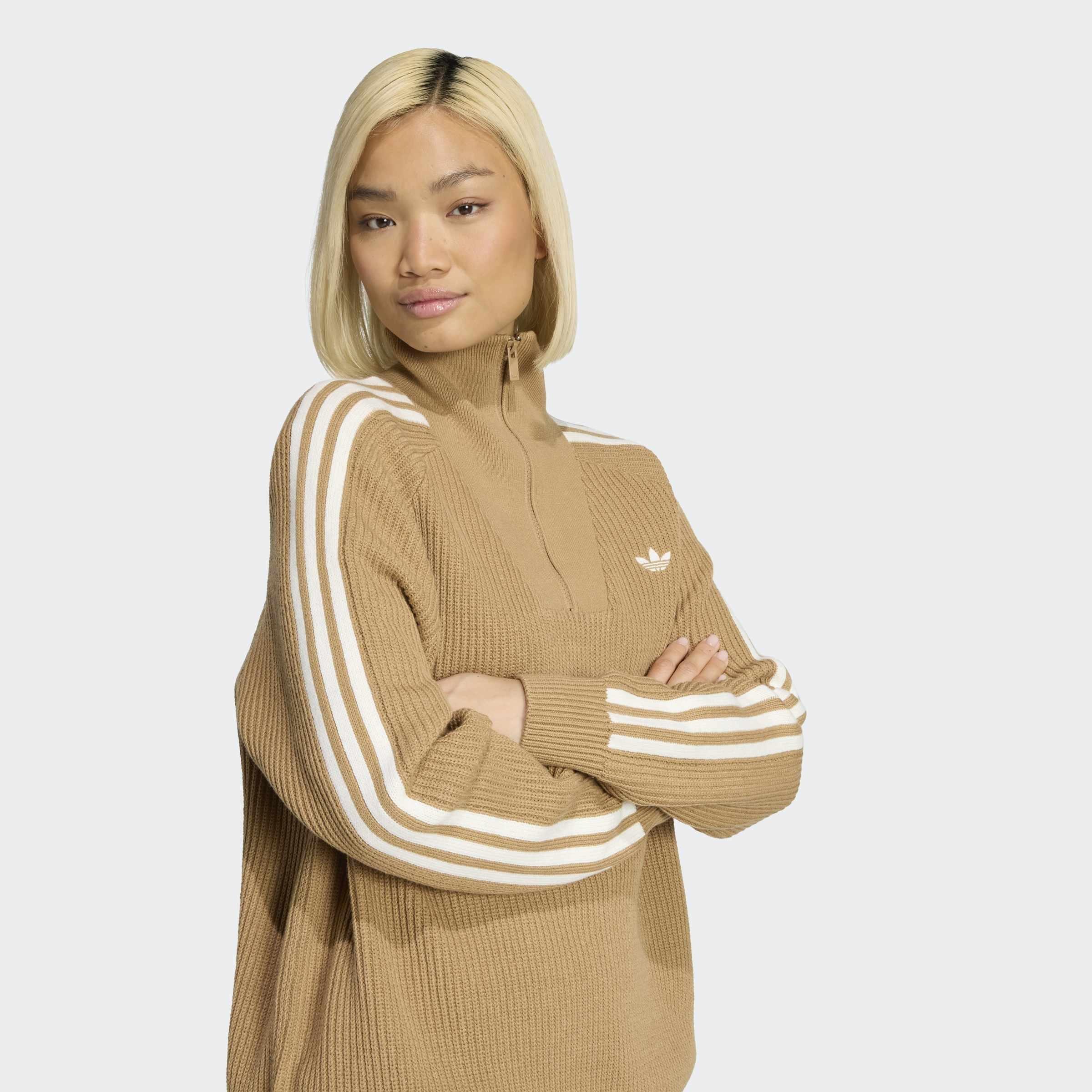 Adidas Originals Funnel Neck Quarter Zip Sweatshirt, Beige, A701_ONE, large image number 2