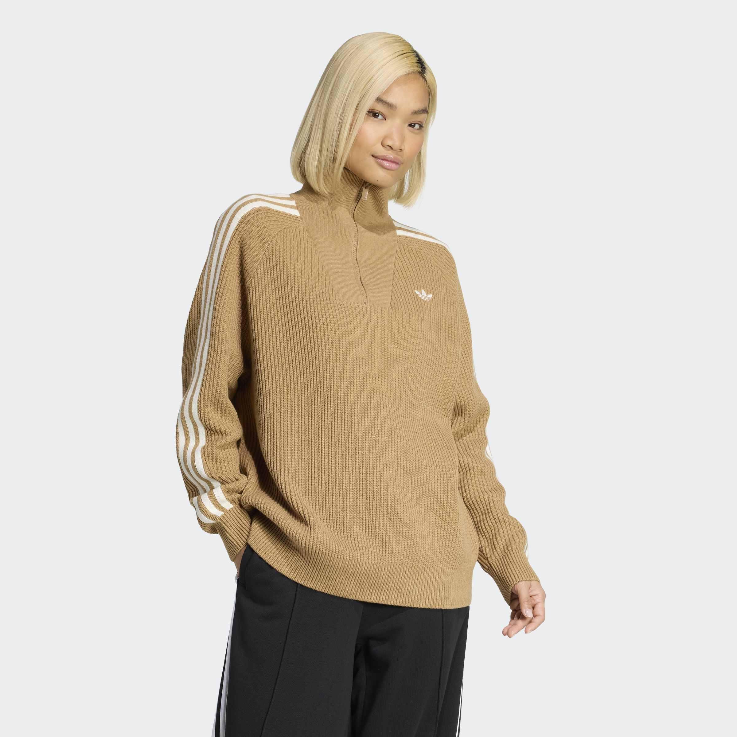 Adidas Originals Funnel Neck Quarter Zip Sweatshirt, Beige, A701_ONE, large image number 4