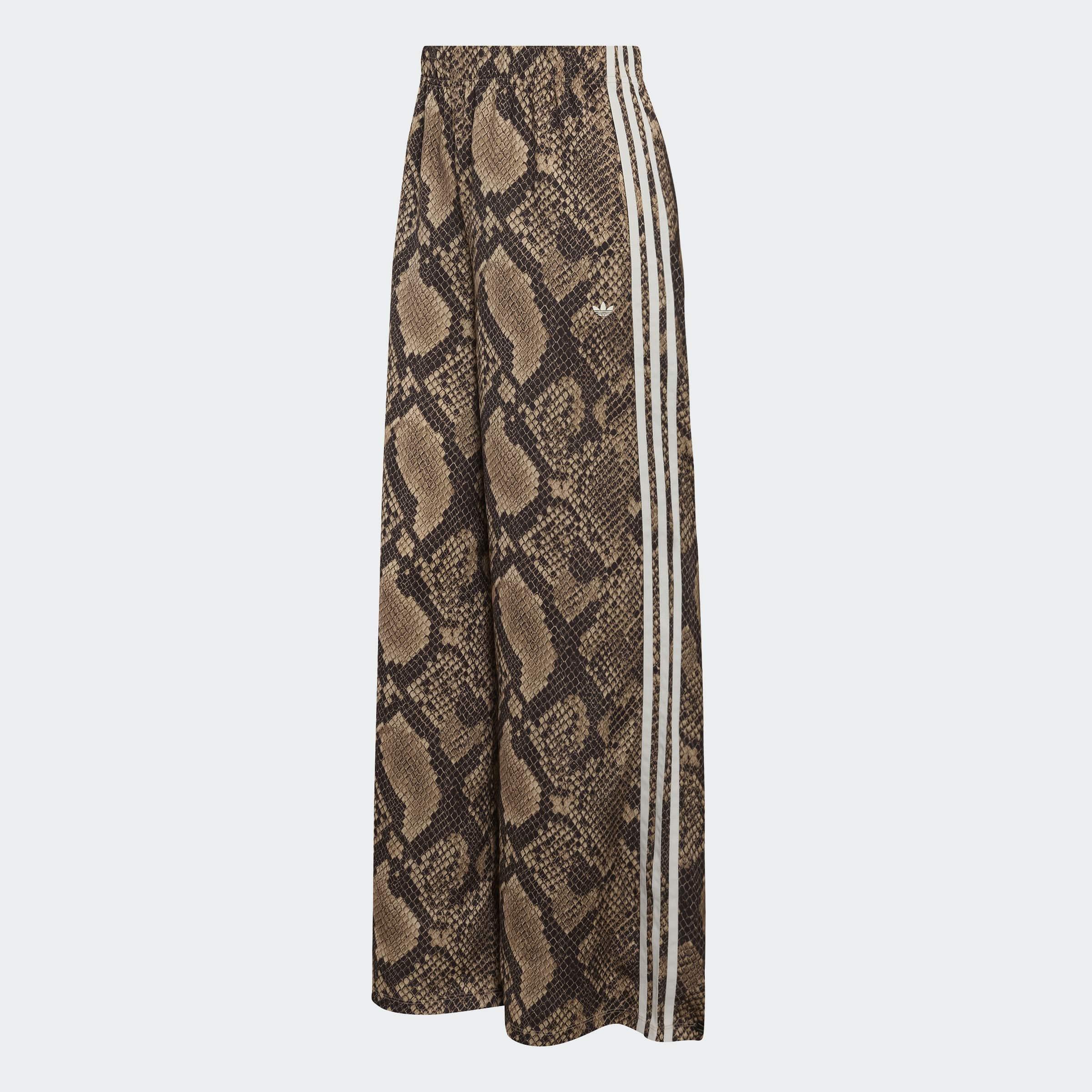 Satin Snake Print Wide Leg Track Joggers, Beige