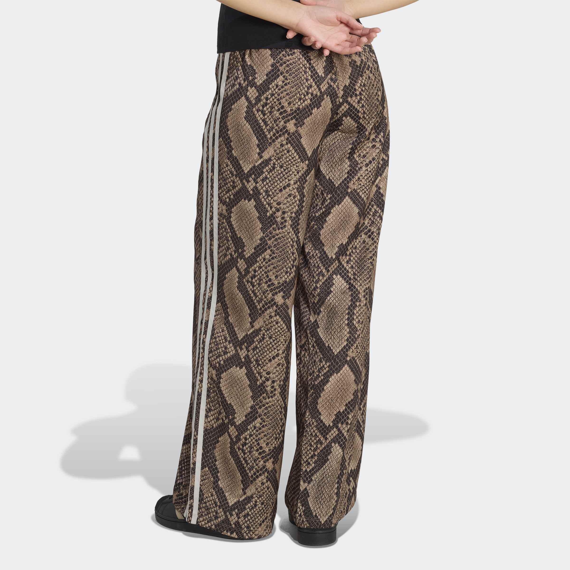 Satin Snake Print Wide Leg Track Joggers, Beige