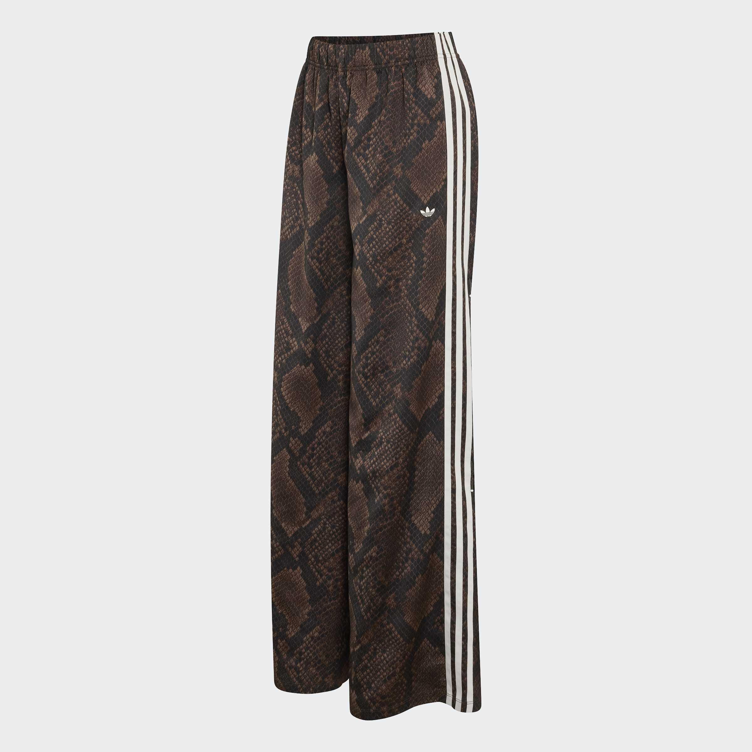 Satin Snake Print Wide Leg Track Joggers, Brown
