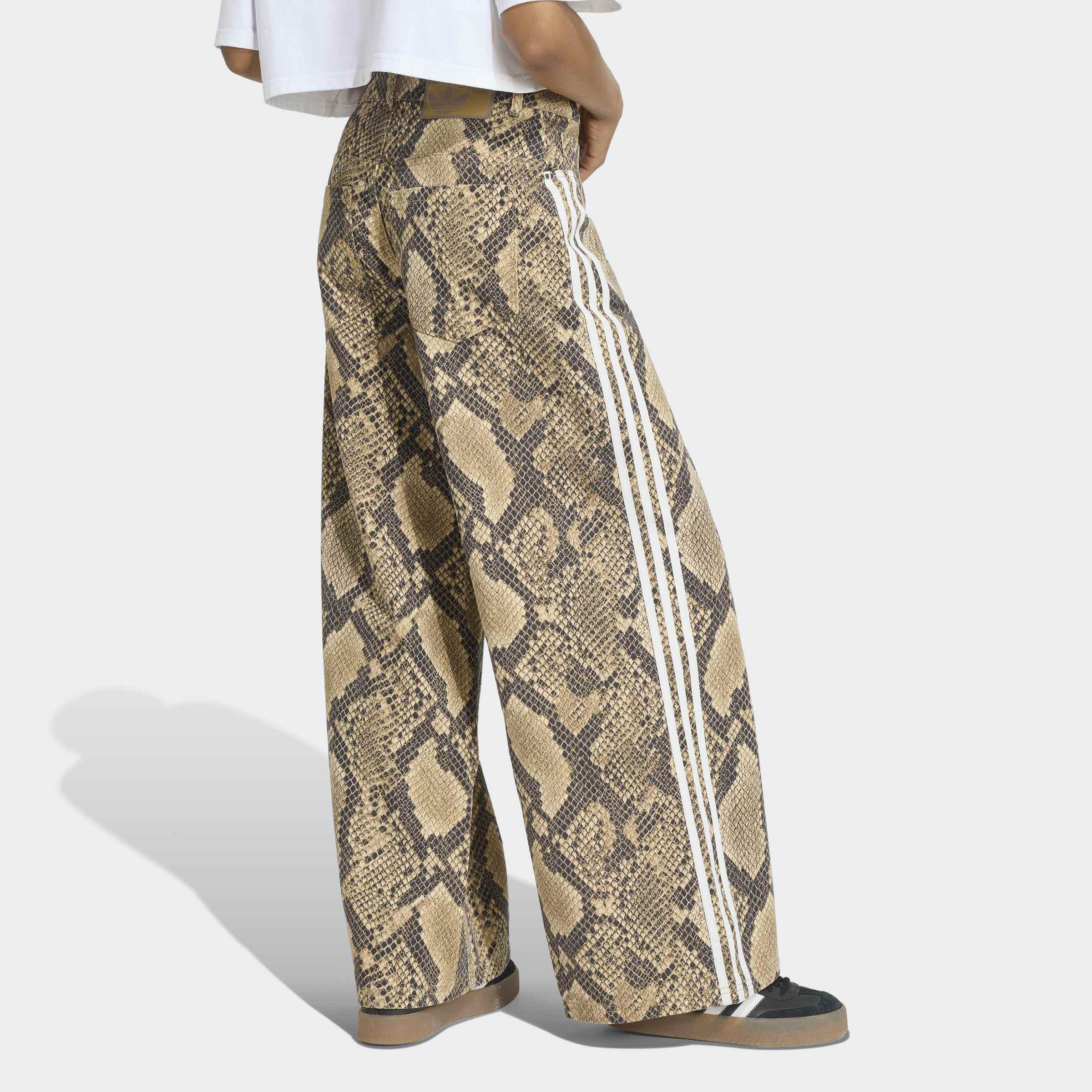 Snake Print Denim Loose Trousers, Beige