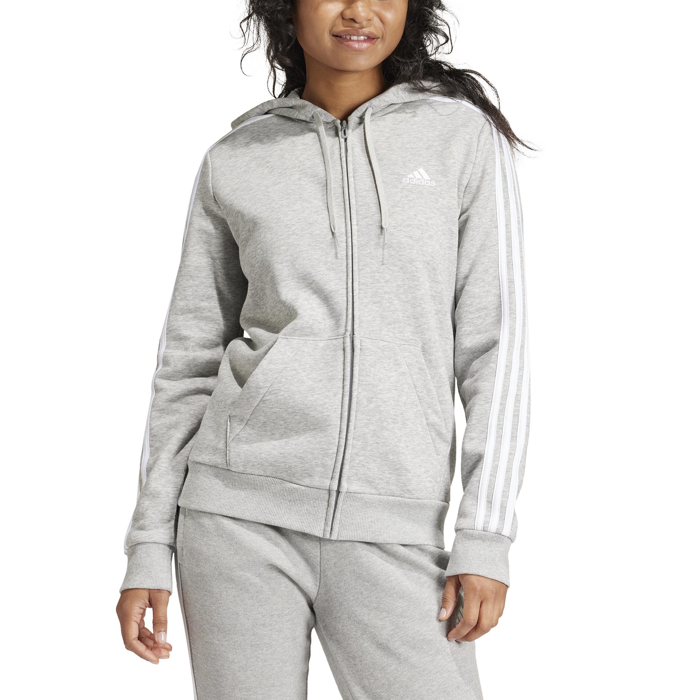 Essentials Fleece 3-Stripes Full-Zip Hoodie, Grey, , large image number 0