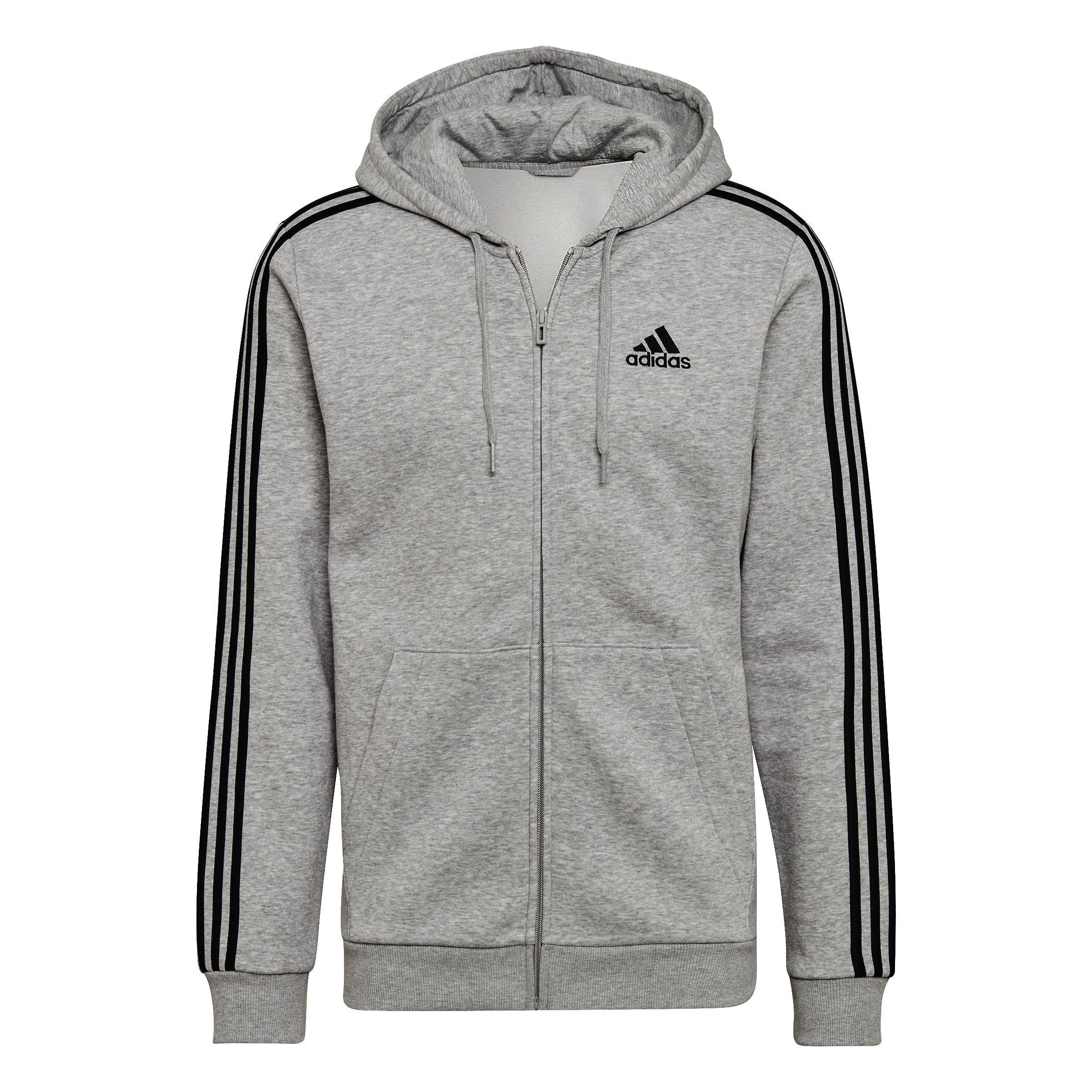 Essentials Fleece 3-Stripes Full-Zip Hoodie, Grey, , medium
