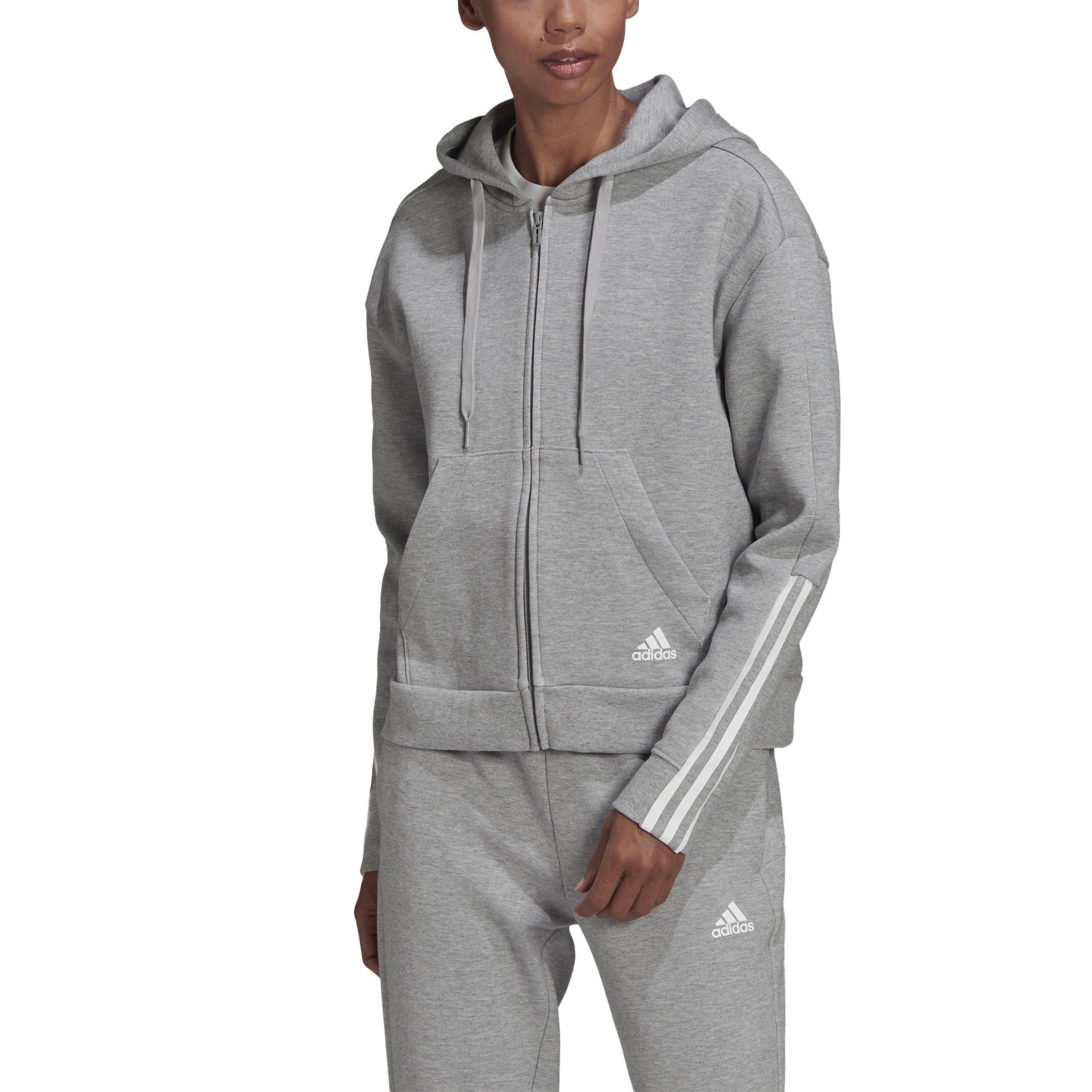 Essentials Loose-Cut 3-Stripes Full-Zip Hoodie, Grey, A901_ONE, large image number 1