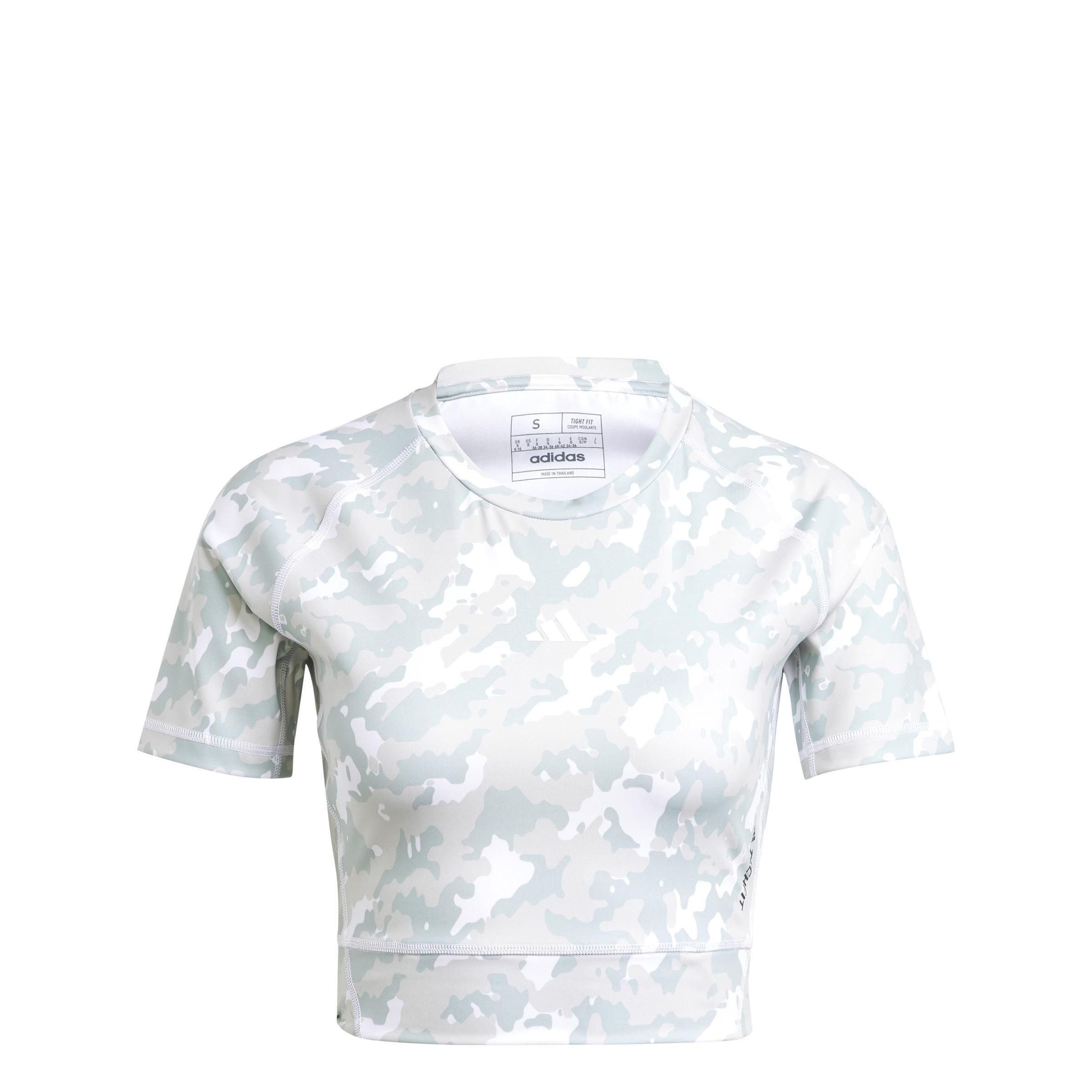 Techfit Camo Print Crop Training T-Shirt, Grey, A901_ONE, medium